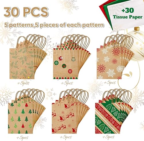 Miniatura 2 de MOORAY Paquete de 30 bolsas de regalo de Navidad, 7 x 3.15 x 8.7 pulgadas, bolsas de Navidad con asas, 6 estilos de bolsas de regalo de Navidad con
