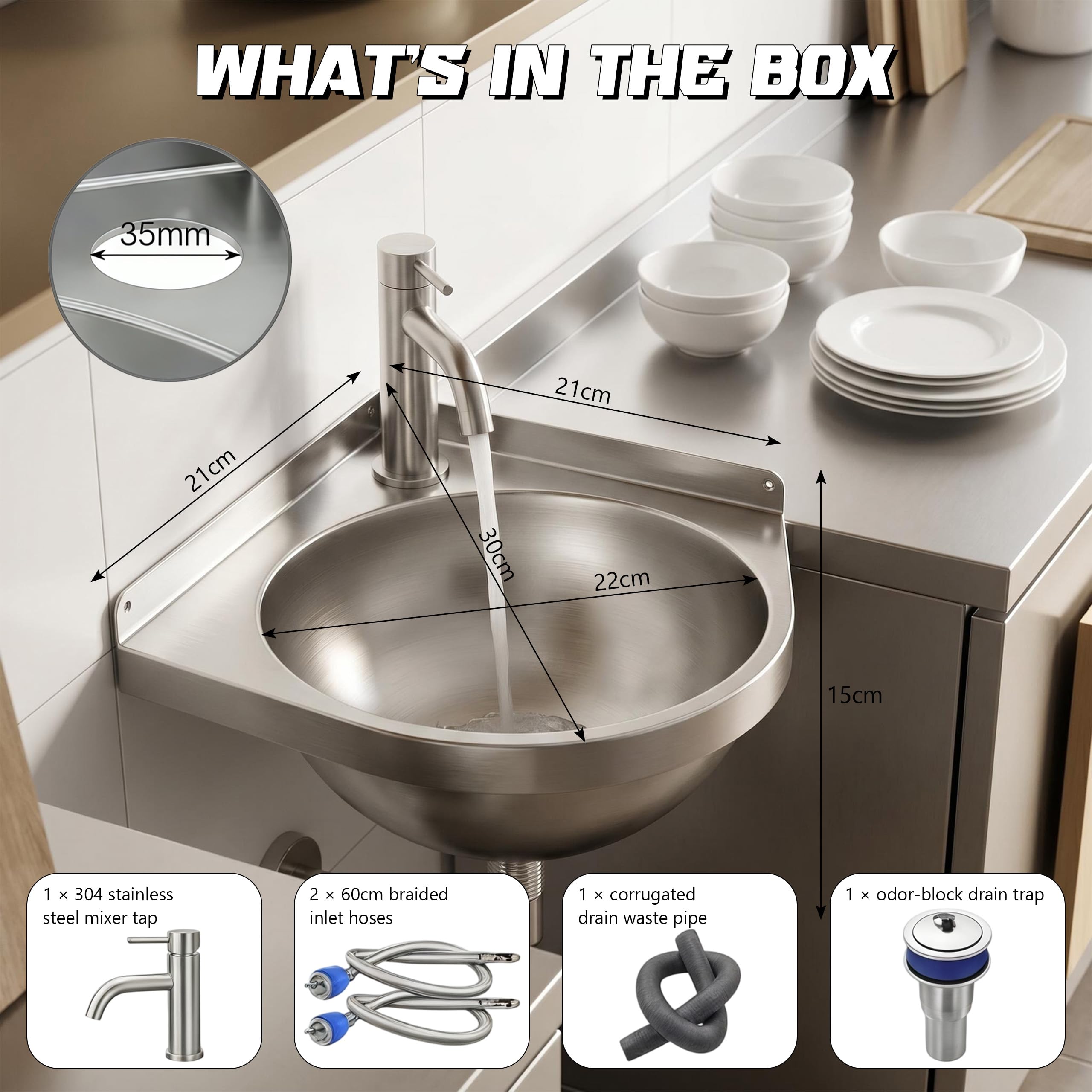 Lavabo de esquina de acero inoxidable con grifo, lavabo de acero inoxidable para autocaravana, lavabo triangular, lavabo de mano, lavabo de pared para baño, caravana, barco, inodoro, garaje