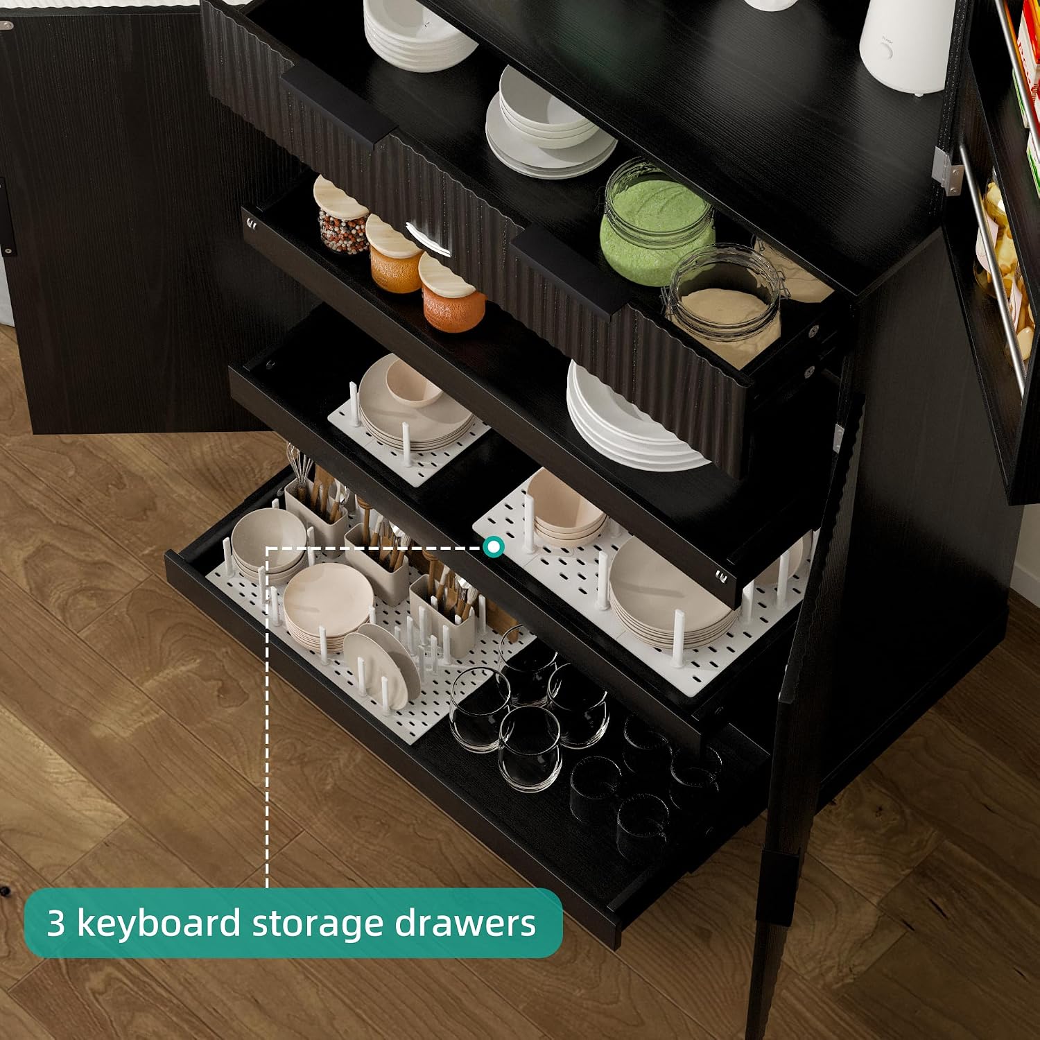72" Tall Pantry Cabinet, Fluted Kitchen Pantry Storage Cabinet with Drawer and 3 Sliding Shelves, 6 Door Shelf Food Pantry Bar Cabinets, Wood Cupboard for Kitchen, Dining Room, Bathroom