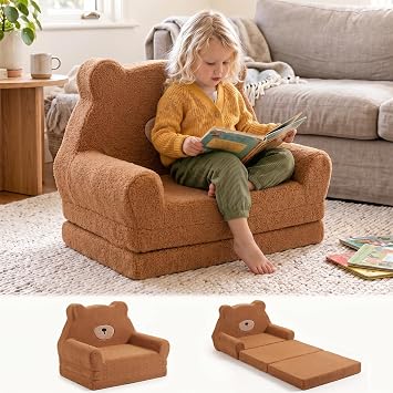 2-in-1 Extra Large Kids Couch Fold Out, Soft Kid Sofa for Playroom, Bear