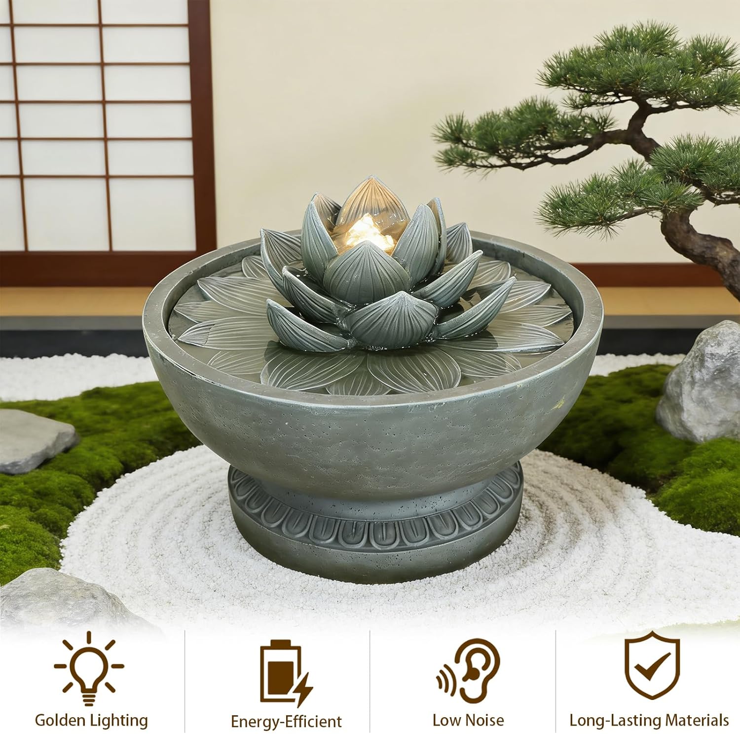 Sunlinua Small Modern Outdoor Water Fountain with Led Lights Lotus Cascading Waterfall Feature with Quiet Pump Floor Water Fountain for Patio Garden Backyard Decking Home and Indoor Décor Brown