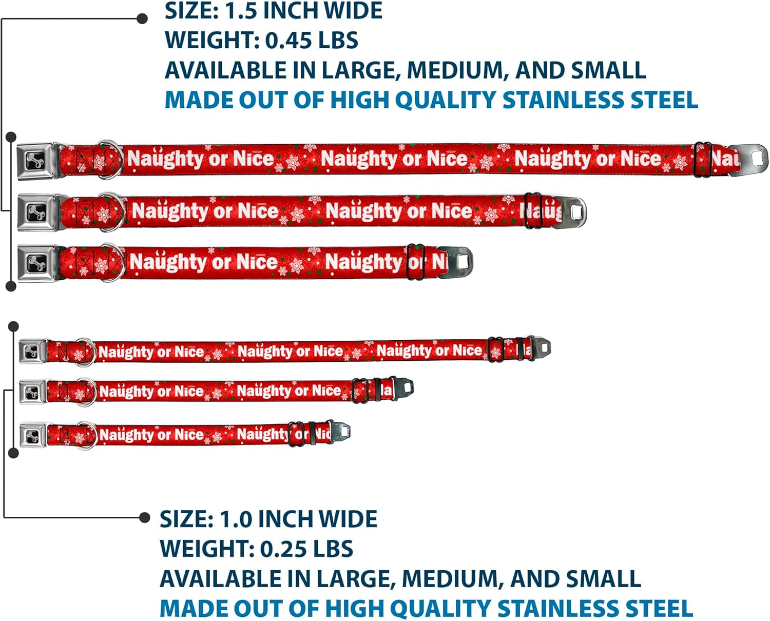 Buckle-Down Seatbelt Buckle Dog Collar - Christmas NAUGHTY OR NICE/Snowflakes Reds/White/Green - 1" Wide - Fits 9-15" Neck - Small