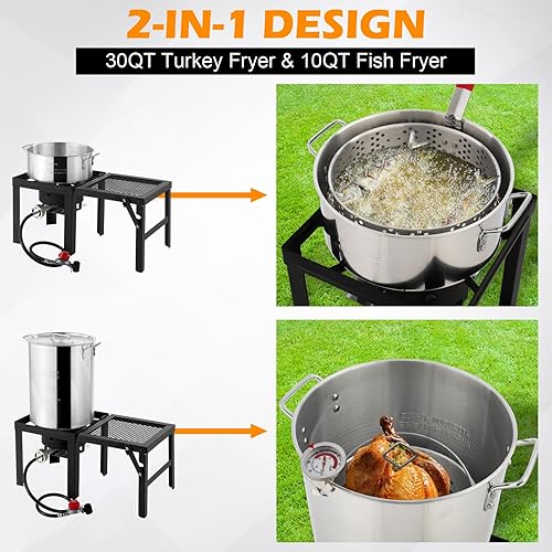 Miniatura 2 de ROVSUN Freidora de Pavo de 30QT y Freidora de Pescado de 10QT con Quemador de Propano de 55000BTU, Freidora Profunda para Exteriores y Olla Vaporera