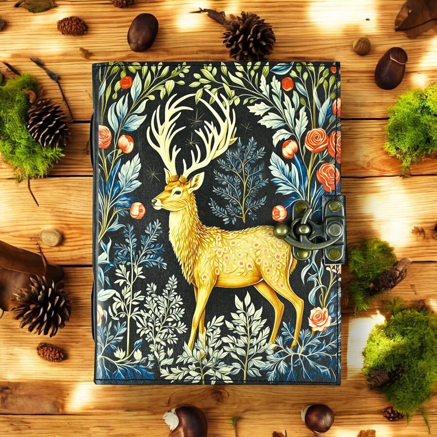 Blank Spell Book of Shadows Deer Grimoire Leather Journal Celestial Vintage Leather Journal Witchcraft Supplies Wiccan Witch Decor Sketchbook & Notebook Witchy Gifts for Women (7 X 5 INCHES 400 Page)