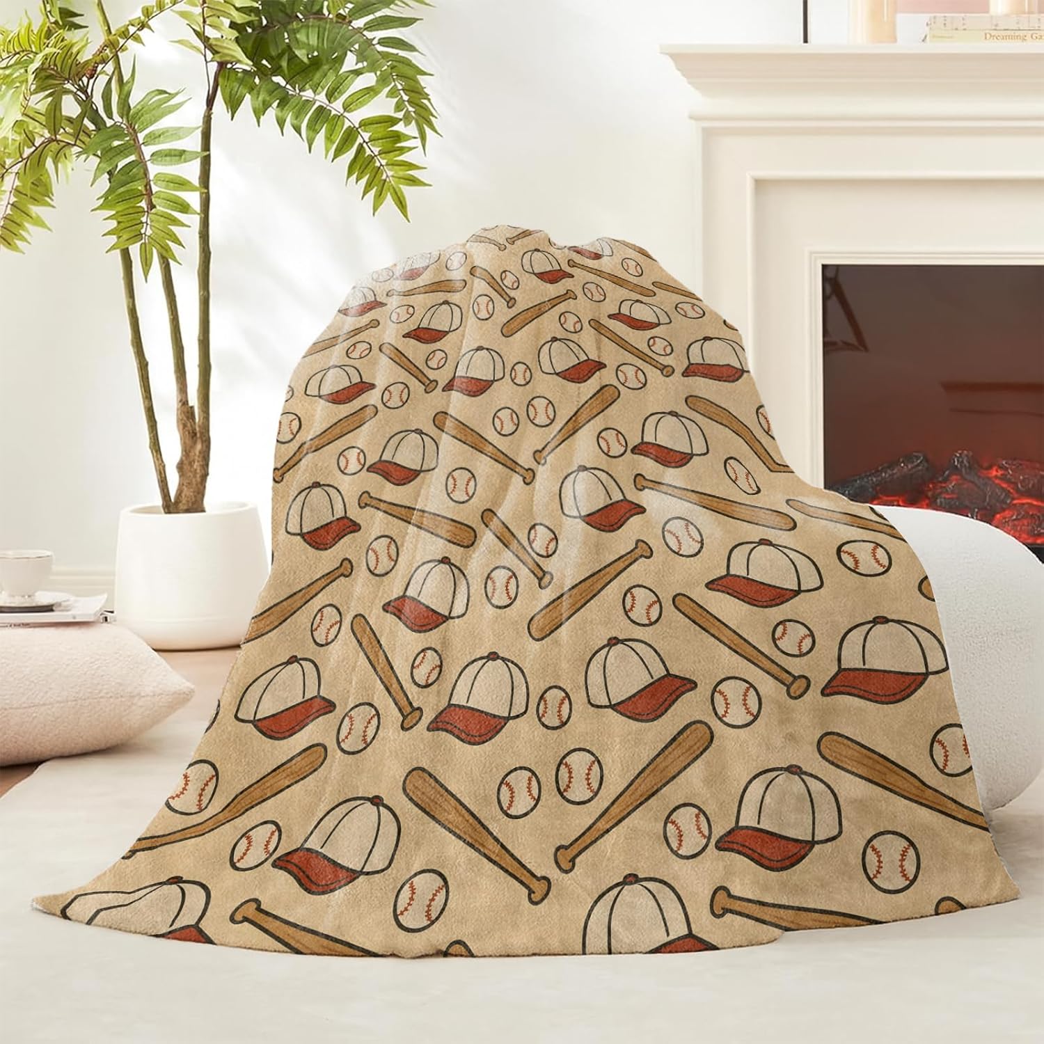 Baseball Throw Blanket, Gifts for Kids Girls, Baseball Bat Cap and Ball Flannel Blankets for Travel Camping Sofa Living Room Decor, Fuzzy Warm Soft for Women Men Adults 50x60 in