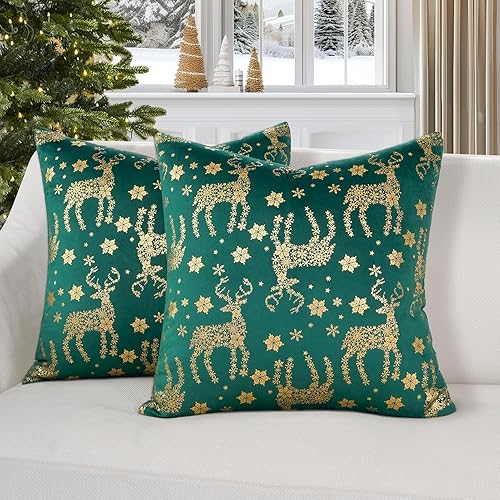 Miniatura 5 de Topfinel Juego de 2 fundas de almohada de terciopelo de primavera verde esmeralda 20 x 20 pulgadas color verde bosque dorado con purpurina estampado