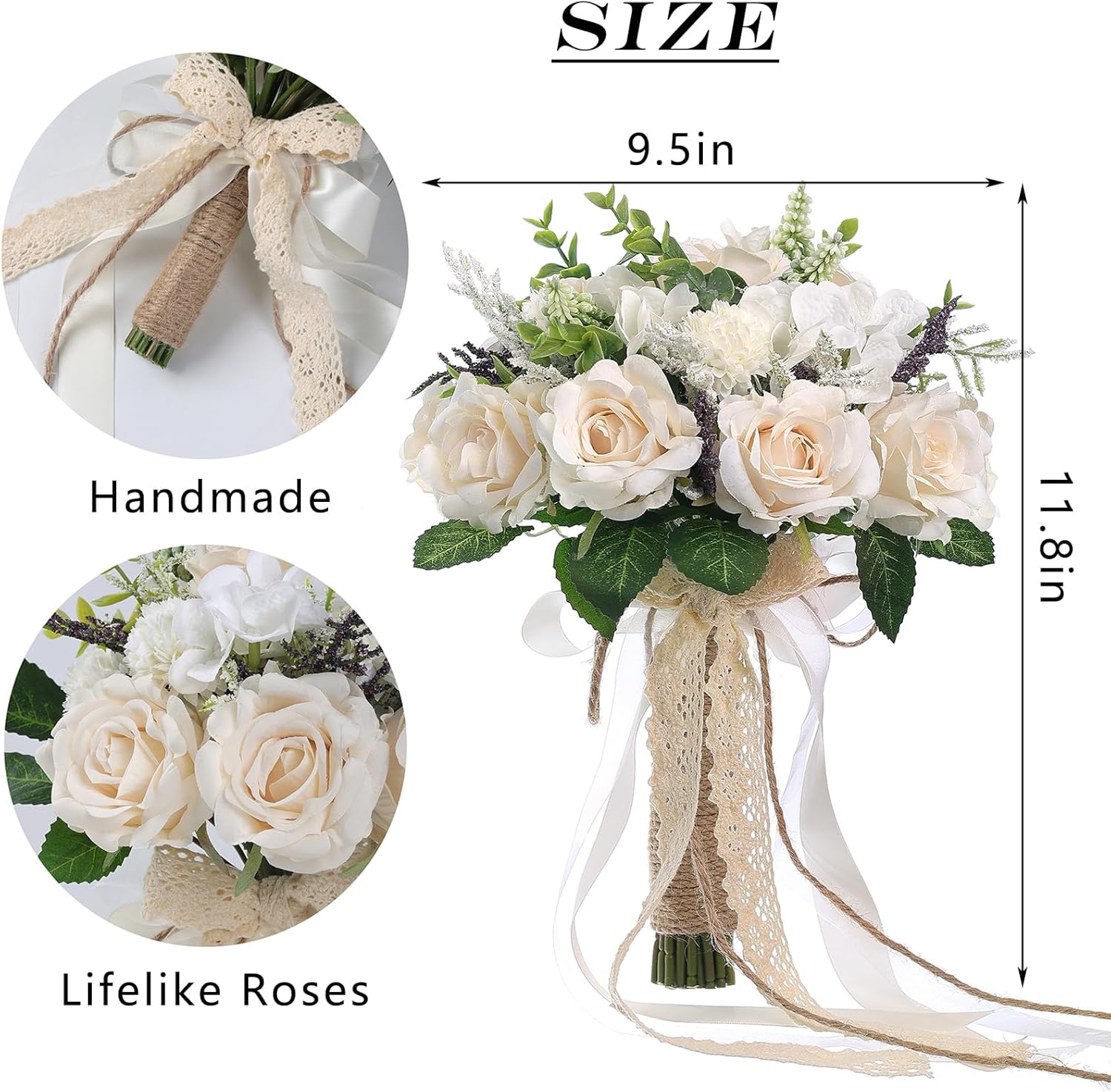 Wedding Bouquets Large for Bride Bridesmaid,White Champagne Artificial Roses Flowers for Wedding Church Decoration (9.5in) - Image 2
