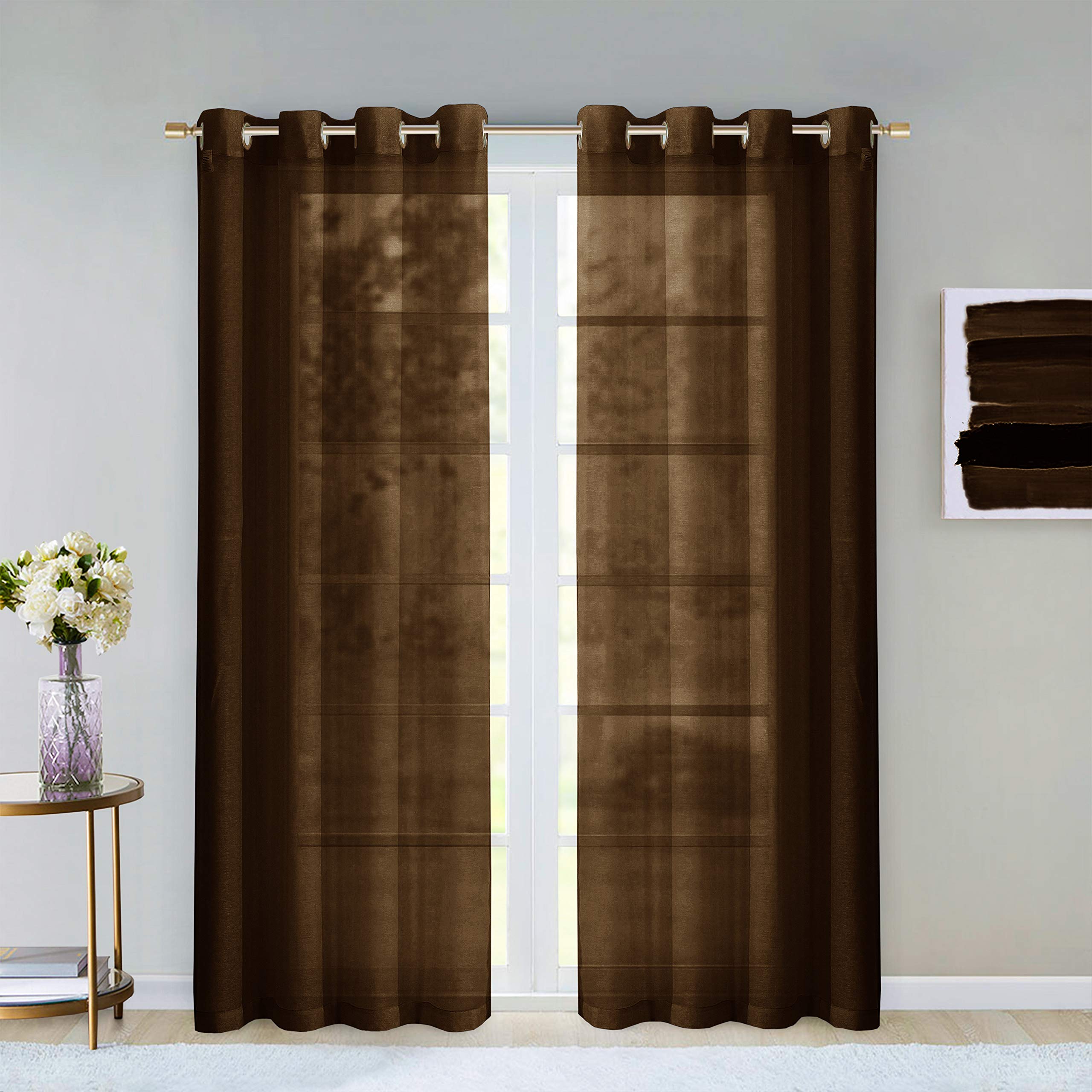 Amazon Com Dainty Home Malibu Textured Semi Sheer Linen Look Grommet Top Curtain Panel Pair 54 X 84 Each 108 X 84 Total Chocolate Brown Home Kitchen