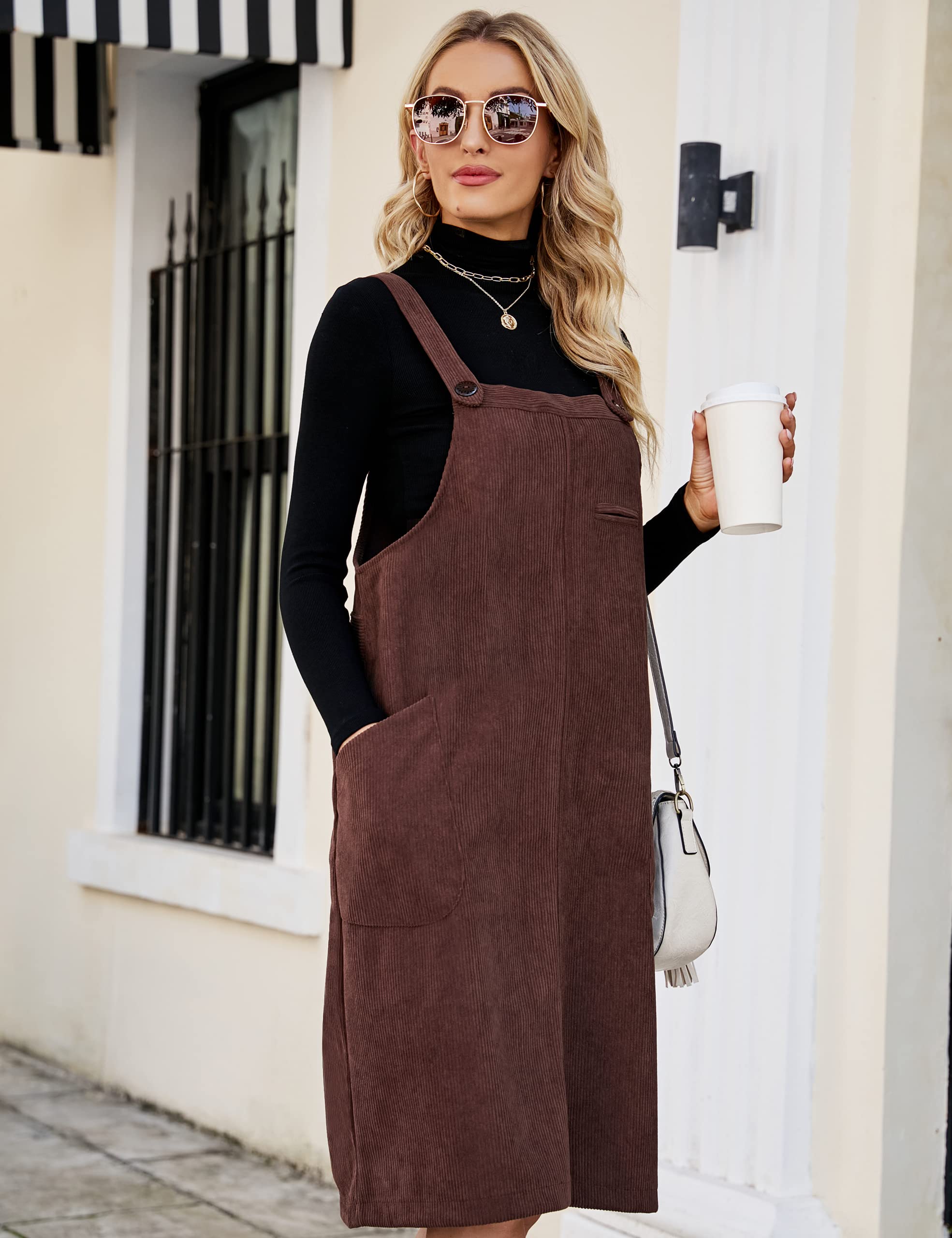 Flygo Damen Cordpullover Overall Latzhose Midikleid Rock mit Taschen