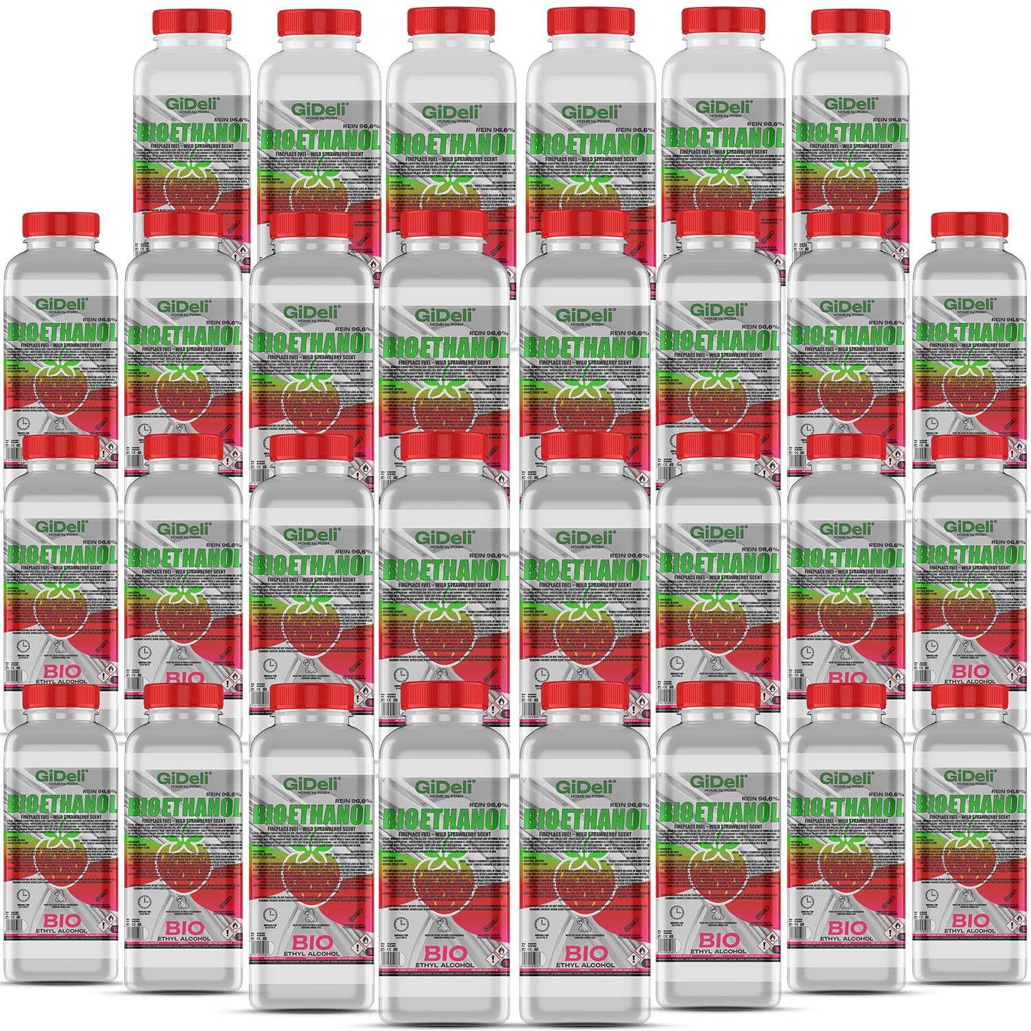 GiDeli Bioetanolo 30 x 1 l profumo di fragola forestale 96,6% etanolo per camini interni ed esterni, senza fumo e fuliggine – da mais e barbabietola da zucchero