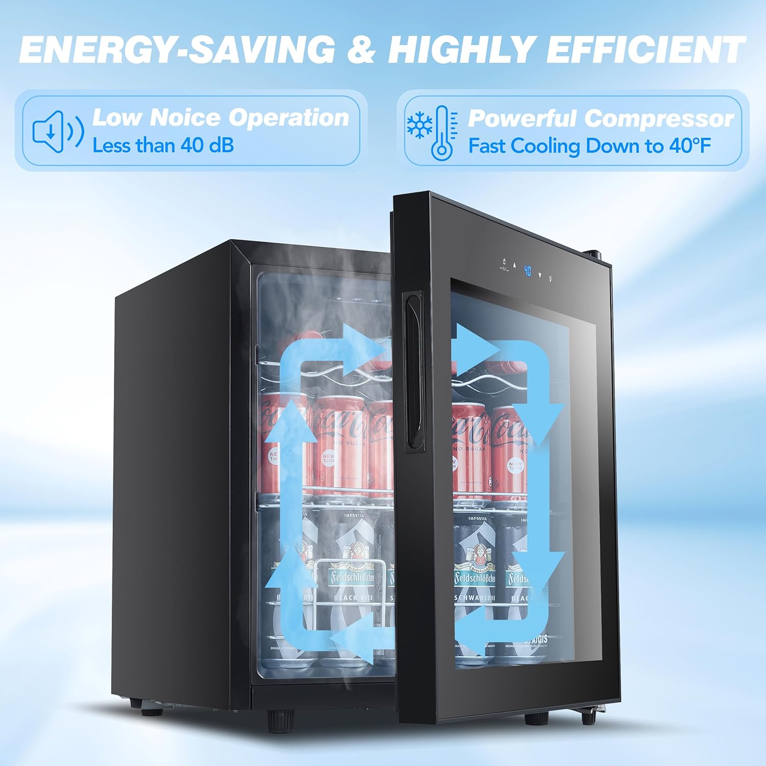 Beverage Refrigerator, 1.6 Cu.ft Mini Fridge w/ 45 Can Capacity, Small Beverage Cooler for Home - Freestanding, Glass Door