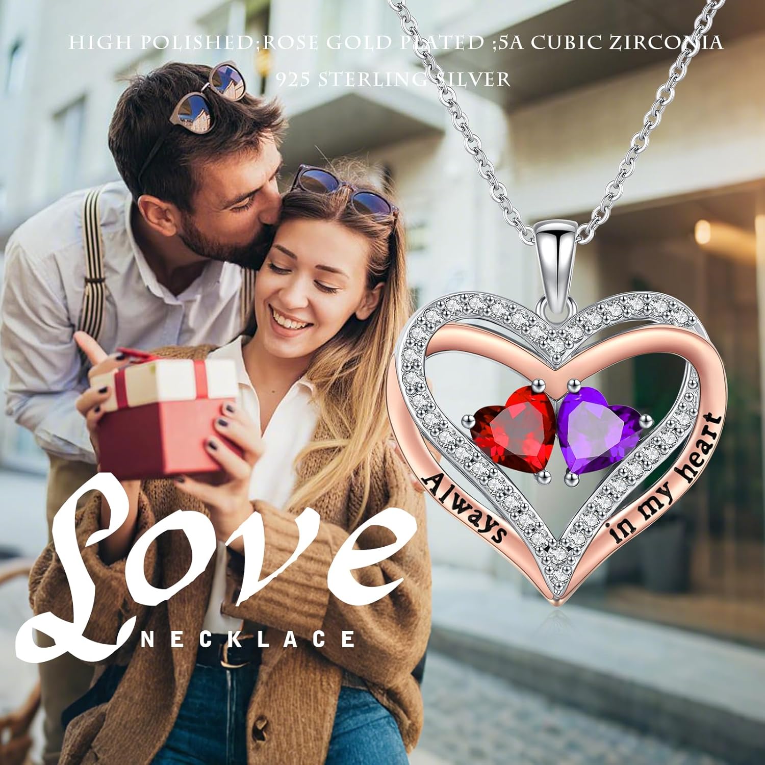 Heart Birthstone Necklace for Women 14K Rose Gold/White Gold Filled Overlapping Double Hearts Pendant Anniversary Valentine's Day Birthday Mother's Day Christmas Gifts for Wife Mom Daughter Her - Image 7