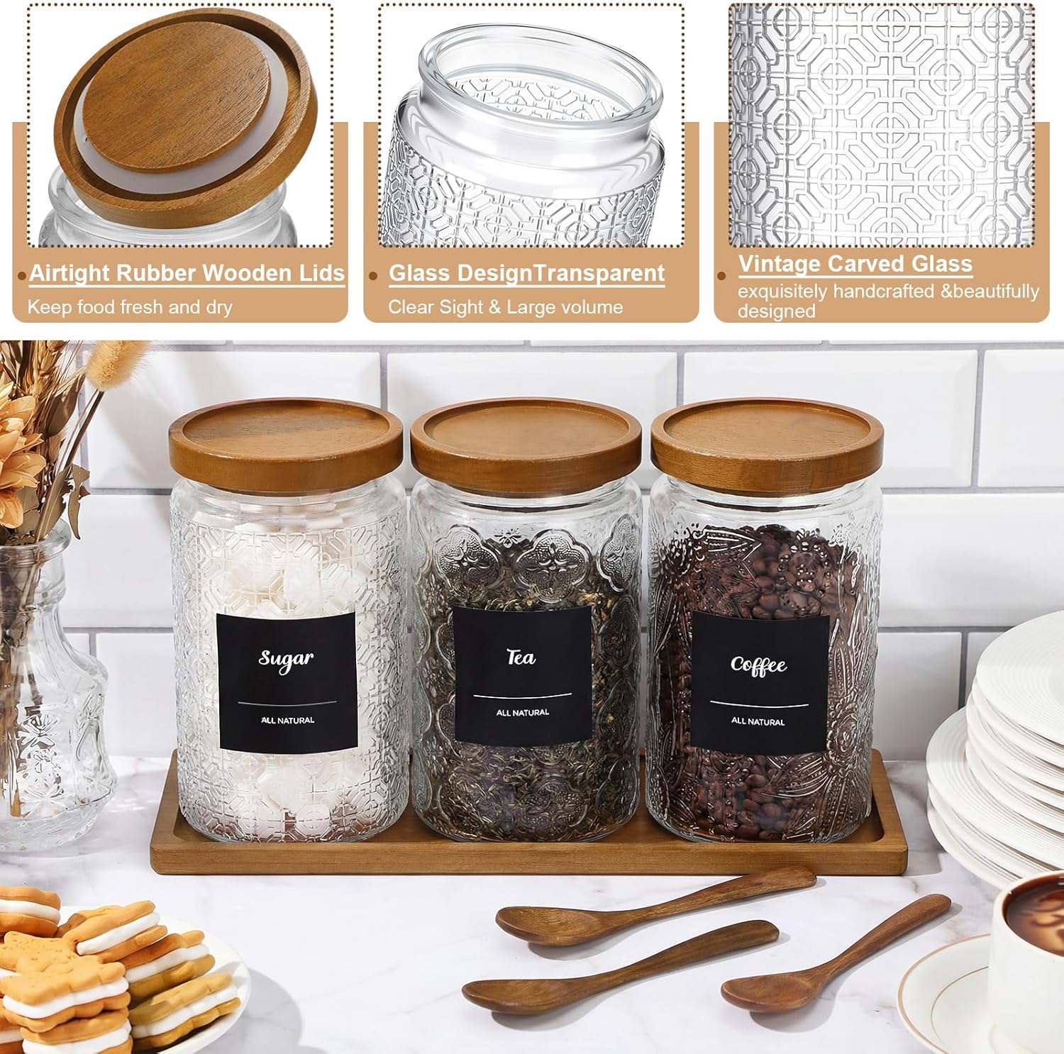 3 Pack 34 oz Glass Coffee Container with Wooden Tray Lid Spoon Labels Clear Airtight Glass Jar Food Storage Kitchen Canisters Set Decorative Coffee Bar Containers for Sugar Candy Tea Flour