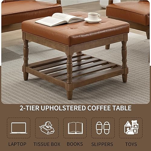 Miniatura 30 de UEV Juego de 3 mesas de café otomanas, juego de mesa de madera para sala de estar, incluye 2 mesas auxiliares tapizadas, mesita de noche, patas de