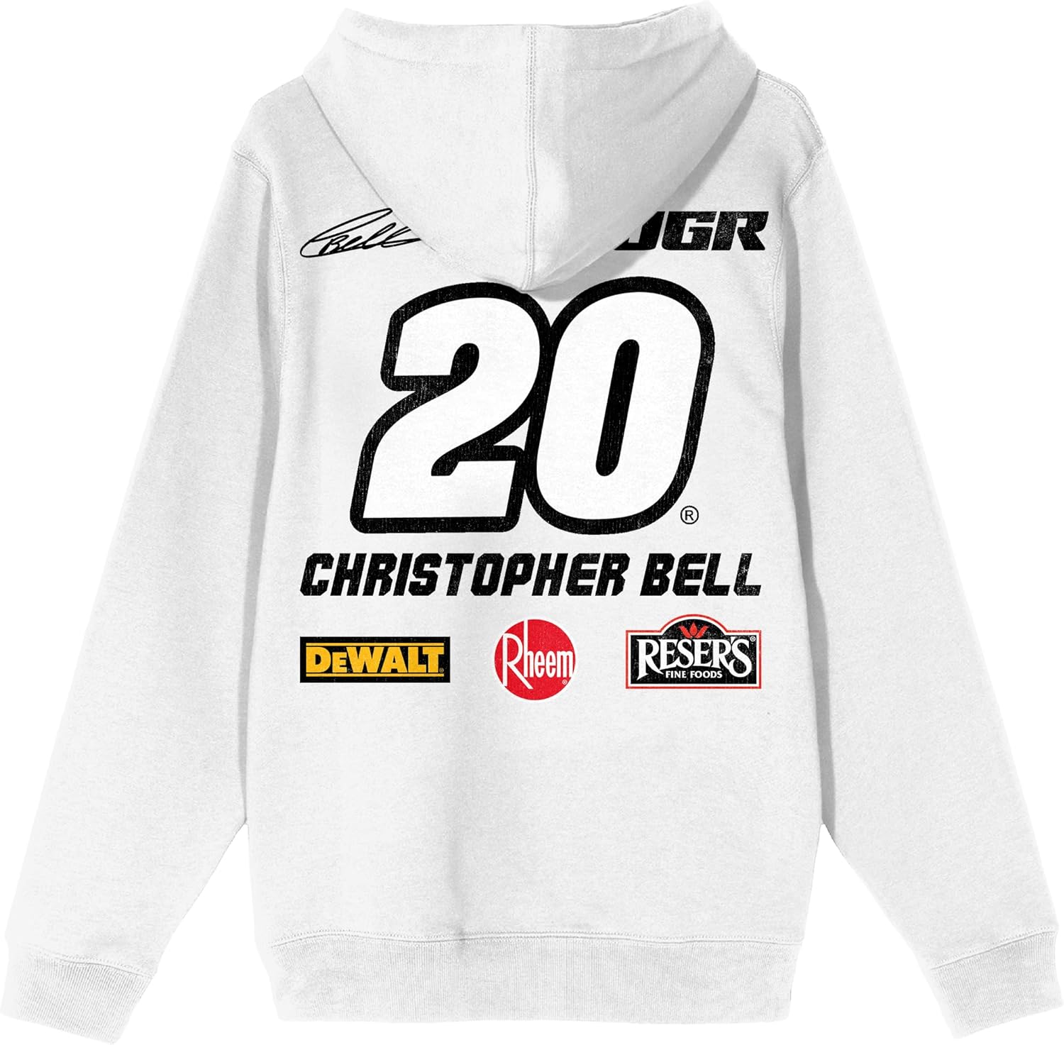 Bioworld Joe Gibbs Racing Christopher Bell 20 Sponsor Logos Adult White Long Sleeve Hooded Sweatshirt