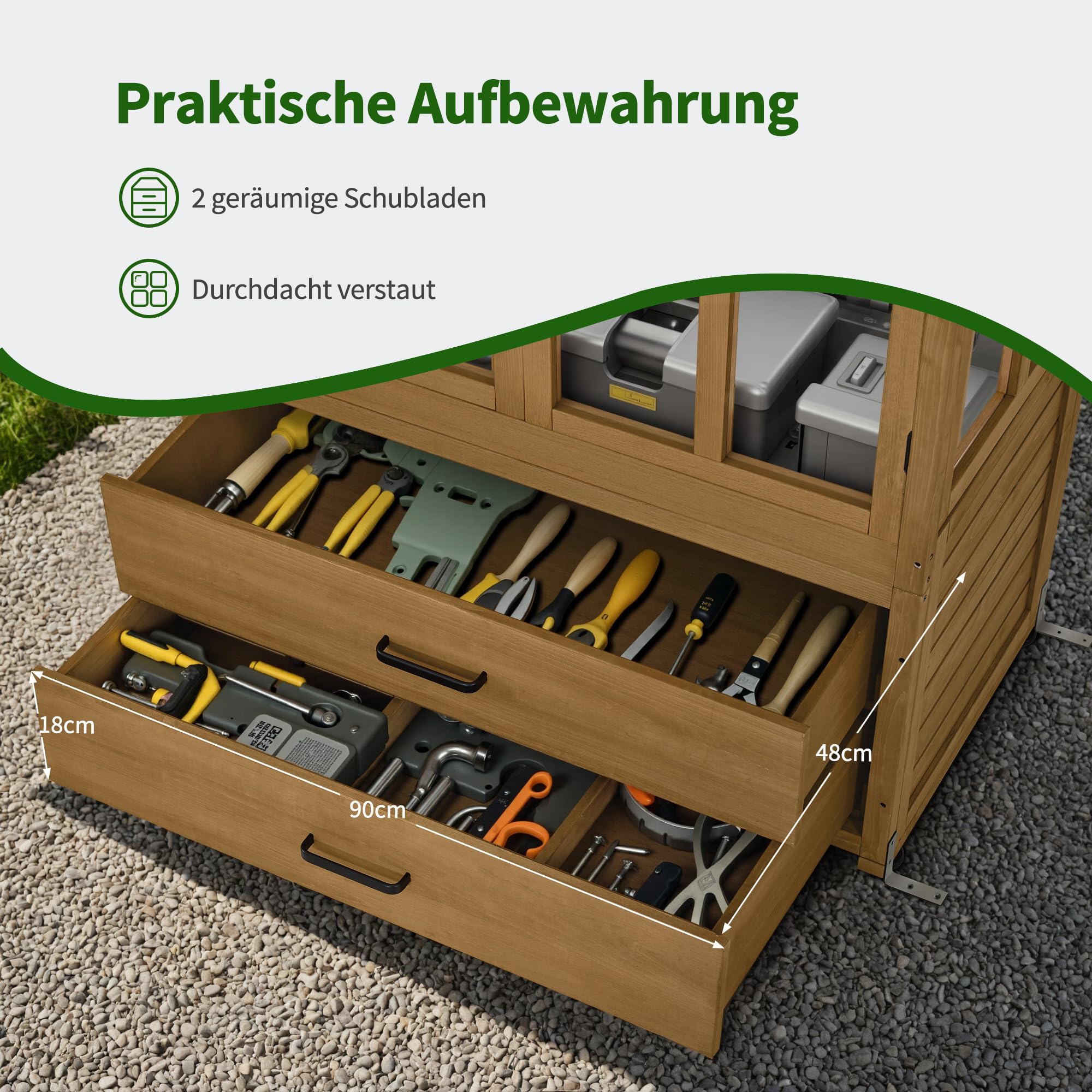 M MCombo Gartenschrank Gartenhaus Holz Wetterfest, Geräteschrank Gerätehaus Outdoor, für Außenbereich Balkon Terrasse, Gartenhütte mit 2 Bewegliche Regale, 58×107×180 cm, 1155 (Natur)