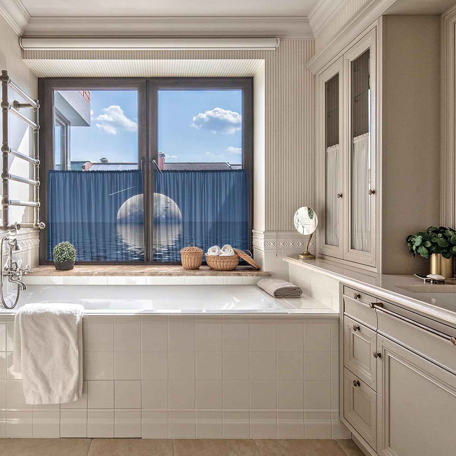 Ocean Moon Sheer Curtains 45 Inch Length 2 Panels Set for Living Room/Bedroom, Blue Sea Seabirds Nautical Classic Scenery Semi Curtain Sheers Drapes Rod Pocket Curtains Window Treatment Set 52x45x2