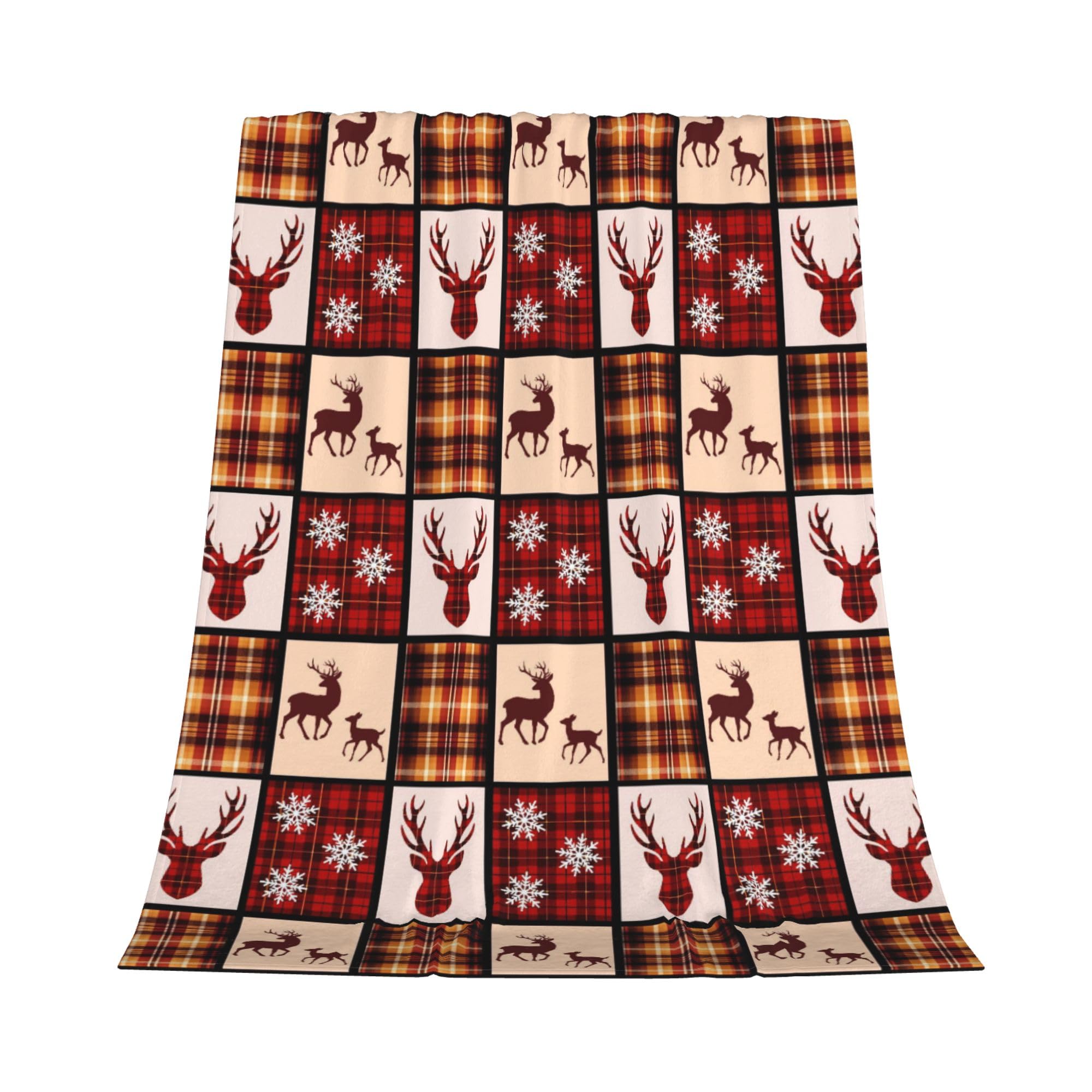 Christmas Throw Blanket - Festive Xmas Deer Snowflake Buffalo Plaid Design - Lightweight Flannel Fleece Throw - Ultra Warm & Cosy - 150x200cm - Perfect for Sofa, Bed, Gifts, Pets