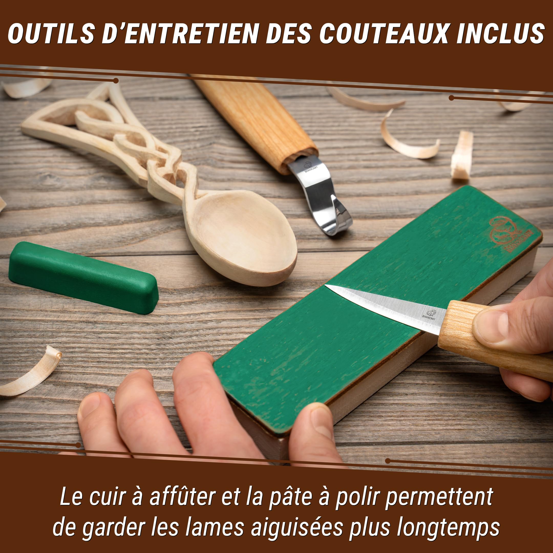 BeaverCraft DIY04 Kit de sculpture de cuillères en bois pour débutants – Ensemble de couteaux Sloyd et crochet, ébauche en tilleul – Kit de sculpture sur bois pour adultes et enfants