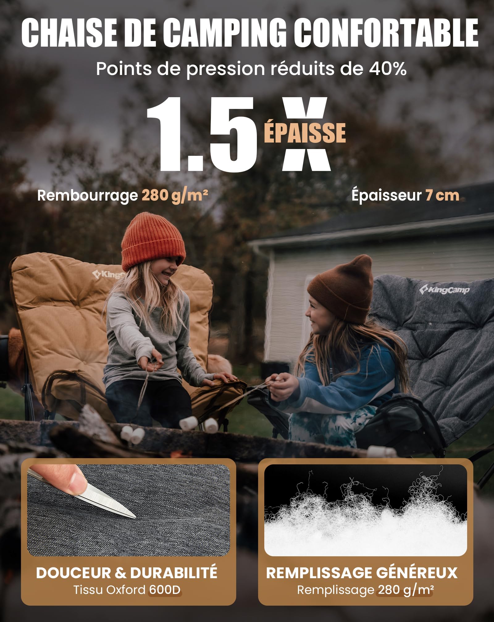 KingCamp Chaise de Camping Pliable Ergonomique, Rembourrée Confort, 136kg | XXL Luxe, Rembourrage Épais, Lavable, Dossier Haut, pour Camping, Jardin, Balcon, Pêche, Festival, Intérieur