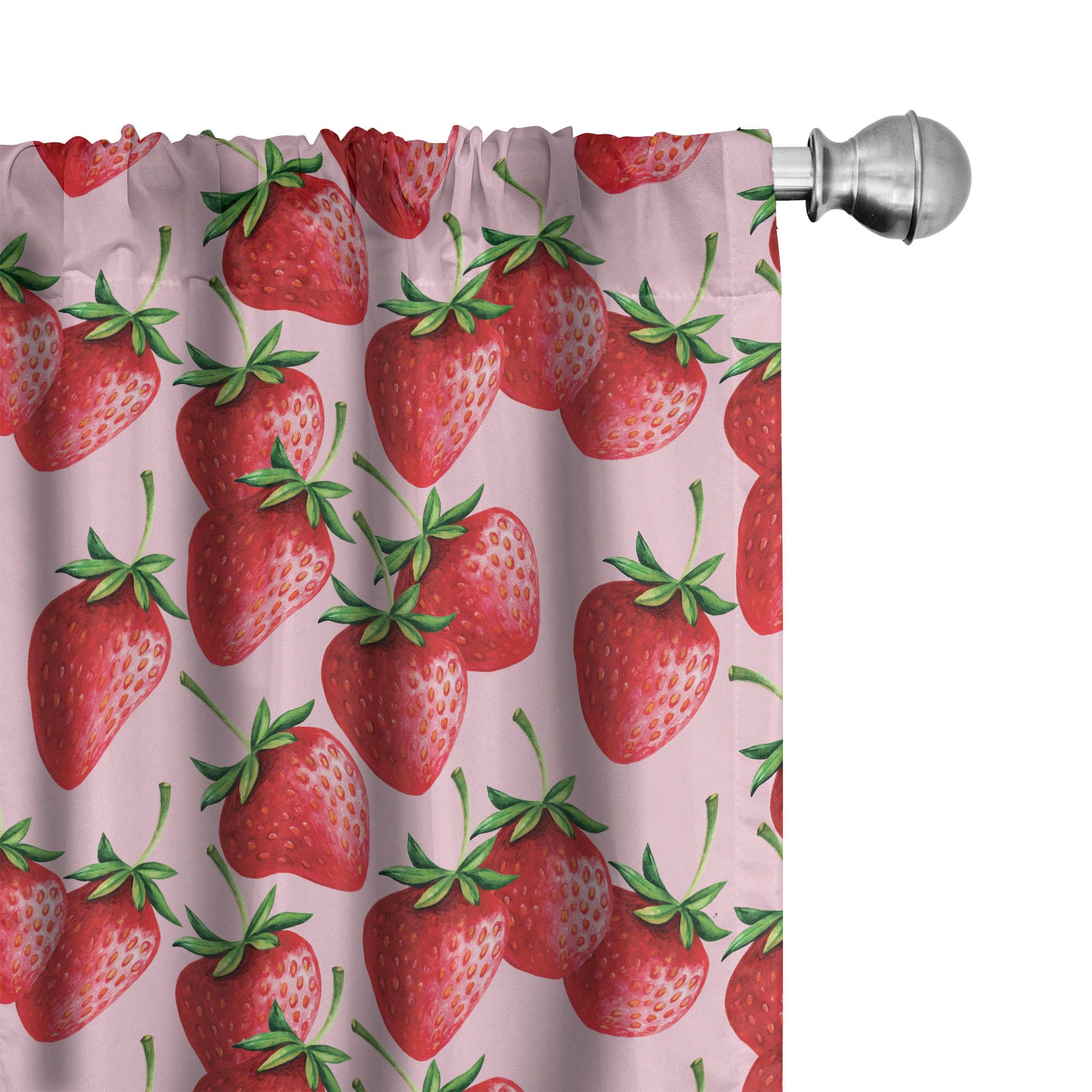 Ambesonne Fruit Window Curtains Pack of 2, Delicious Big Strawberries on Pink Background Tasty Juicy Ripe Summer Fruits, Lightweight Set with Rod