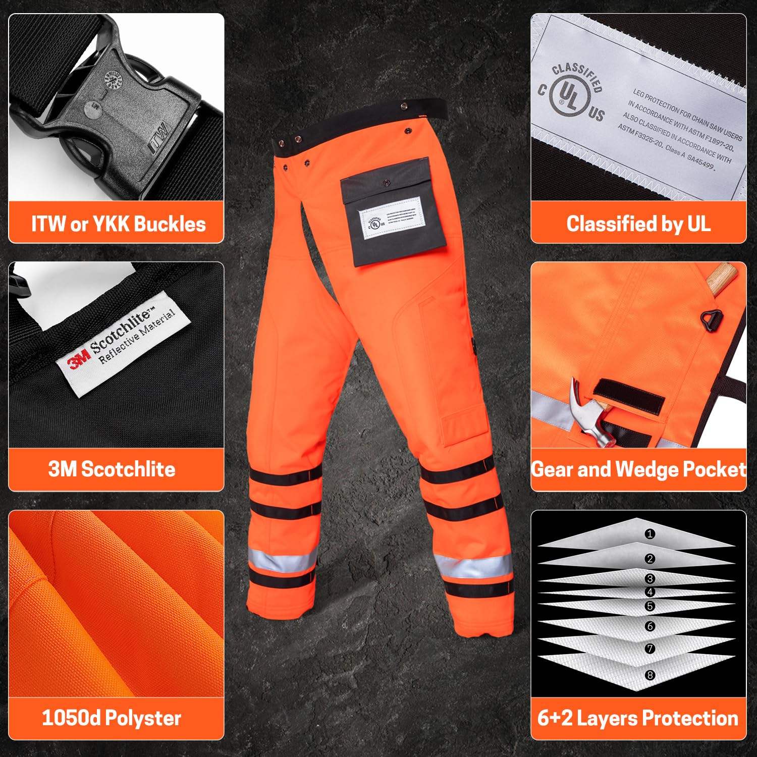 Pantalones de motosierra de 8 capas para motosierra UL Clase A, estilo delantal, naranja, L
