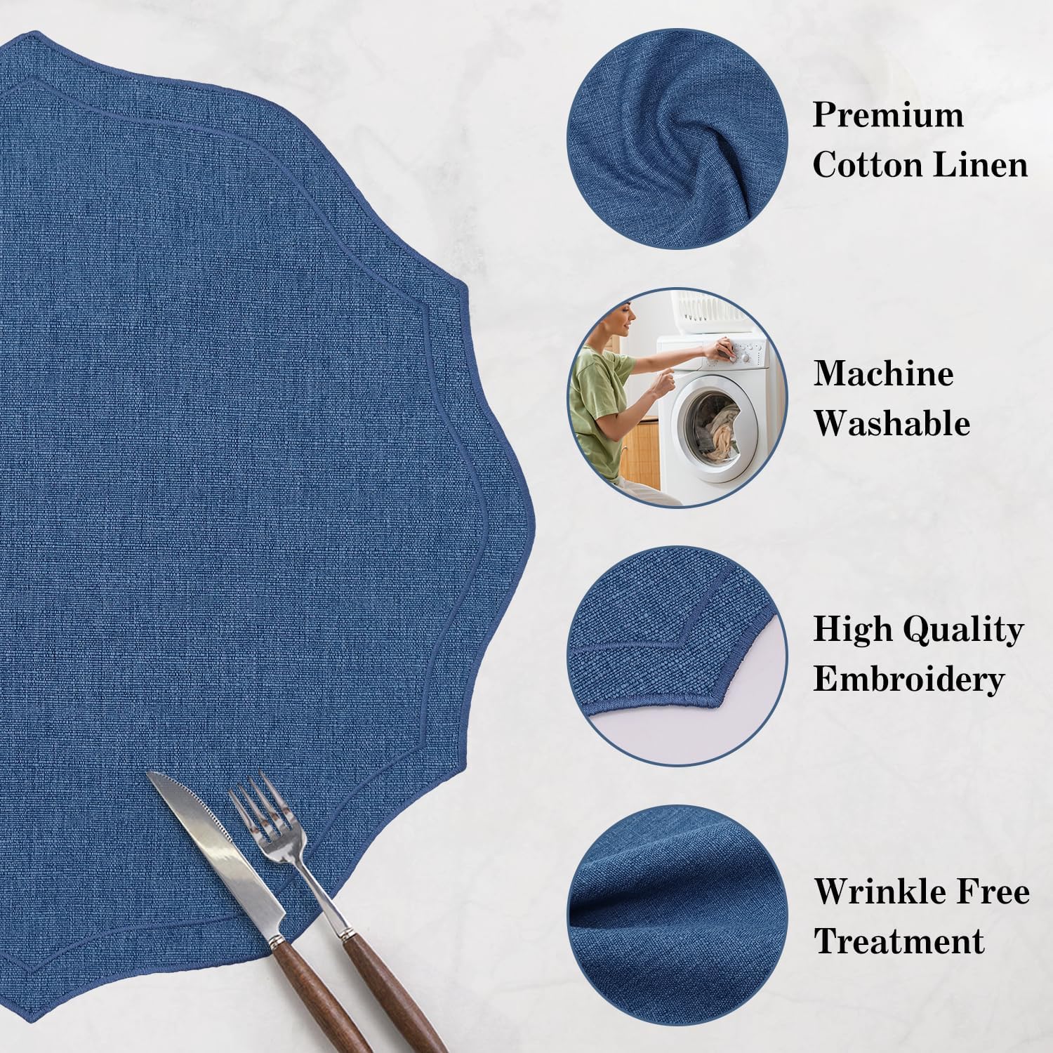 Cotton Linen Round Placemats Set of 8, HADEEONG Table Mats Cloth Placemats, Washable Wrinkle Resistance, Scalloped & Embroidered Fabric Placemats, 15.5 inch (Navy Blue, 8)