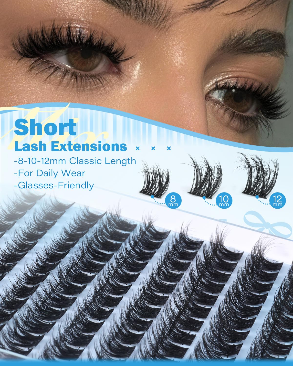 Wispy Lash Clusters Fluffy Eyelash Clusters 8-10-12mm Cluster Eyelash Extensions Volume D Curl Individual Lashes Clusters Wispy Fluffy Lash Extensions with Thin Band Soft & Comfty for Daily Wear