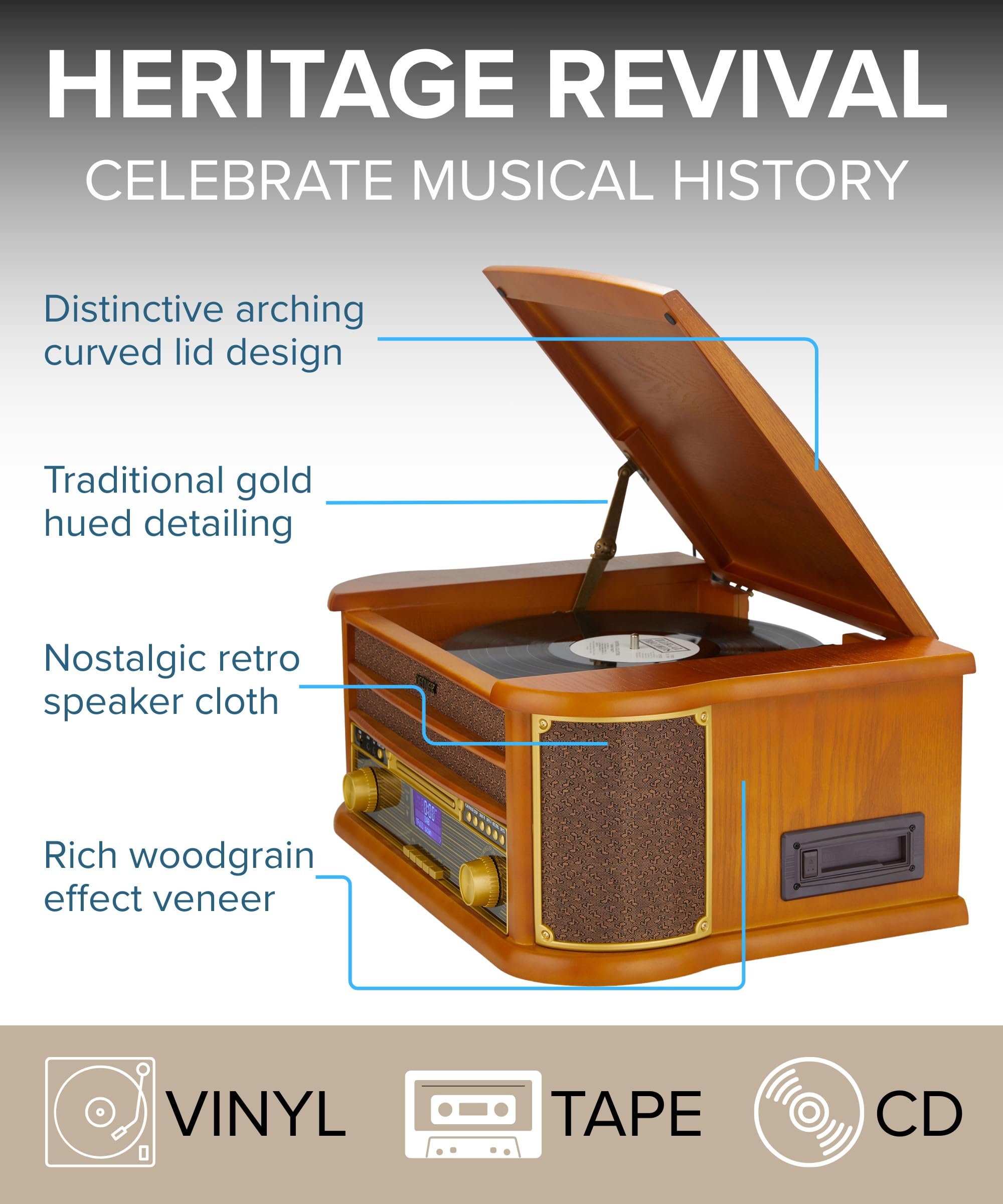 Denver MRD-51BT MK2 Lecteur de disque radio Bluetooth 9 en 1 en bois avec haut-parleurs – Radio DAB+, FM, lecteur de cassette, lecteur CD, entrée auxiliaire, enregistrement MP3 USB, entrée auxiliaire