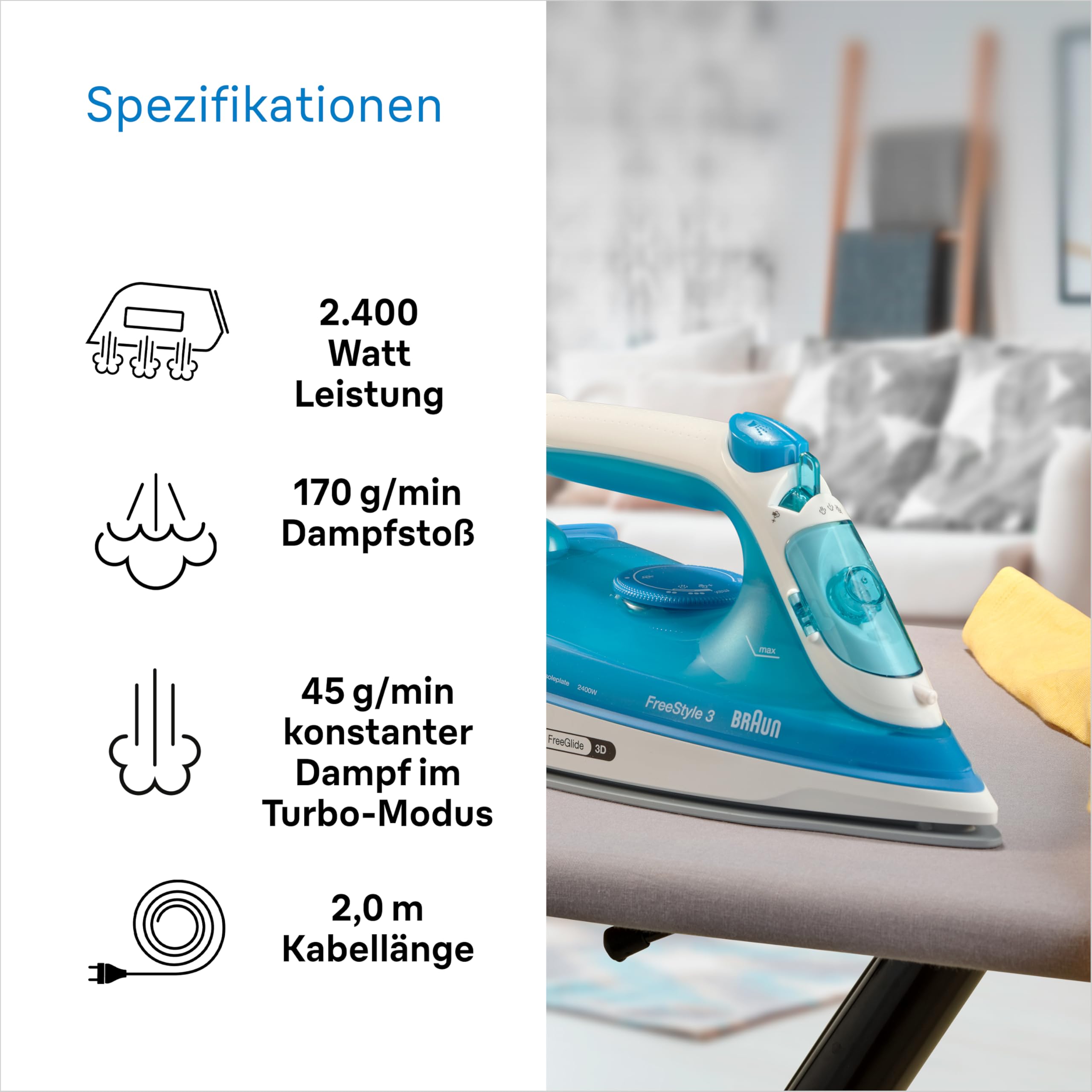 Braun FreeStyle 3 FI3144BL Dampfbügeleisen mit 3D-FreeGlide-Technologie, SuperCeramic-Sohle, Ultimate FastClean, automatische Abschaltung, Tank 270 ml, 2700 W, Blau