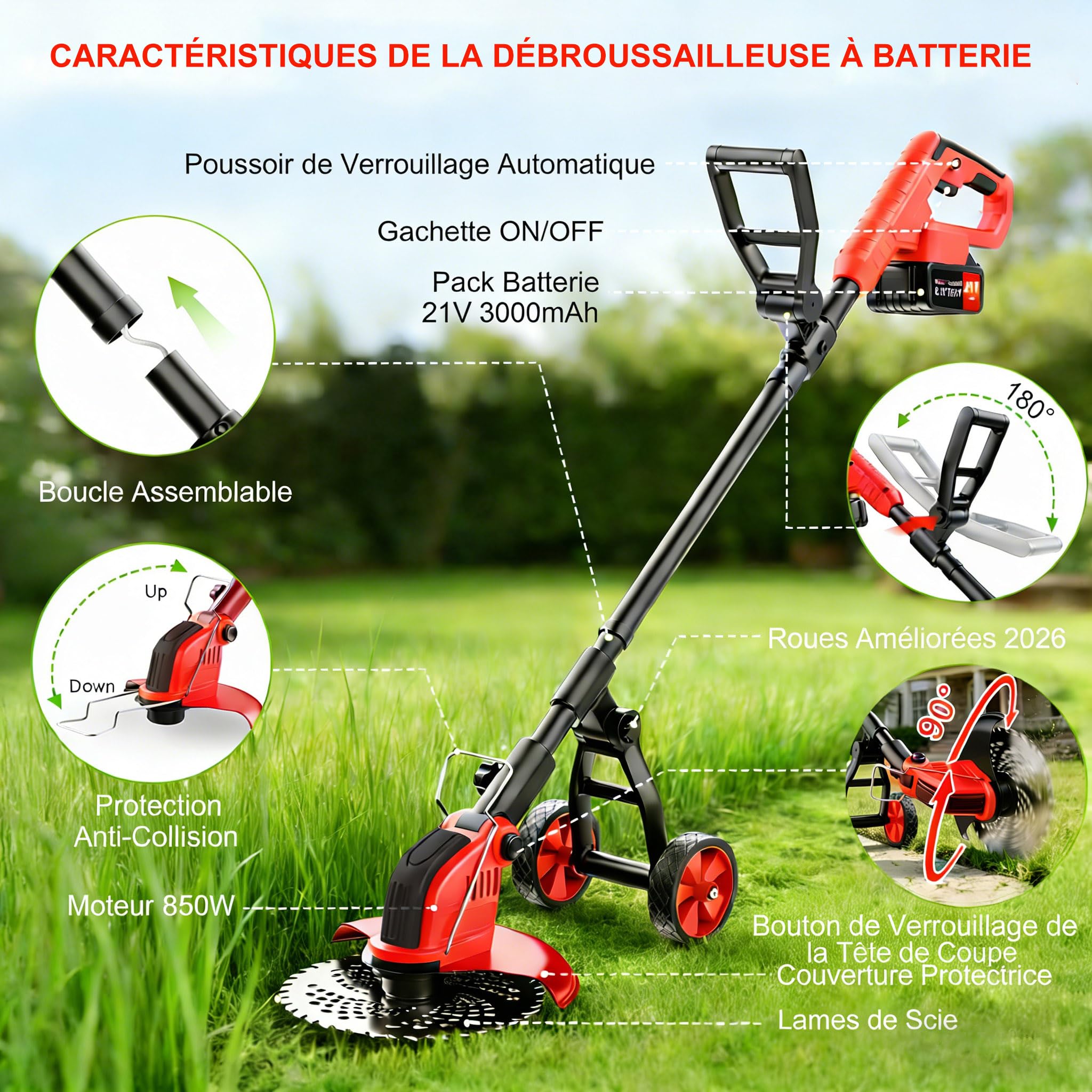 Lacoco 12 Pouces Débroussailleuse à Batterie Debroussailleuse Électrique sans Fil 850W avec 2 * 3.0Ah Batteries 4 Types de Lames Roues Réglable Coupe Bordure Coupe-Herbe à Gazon pour Pelouse Jardin