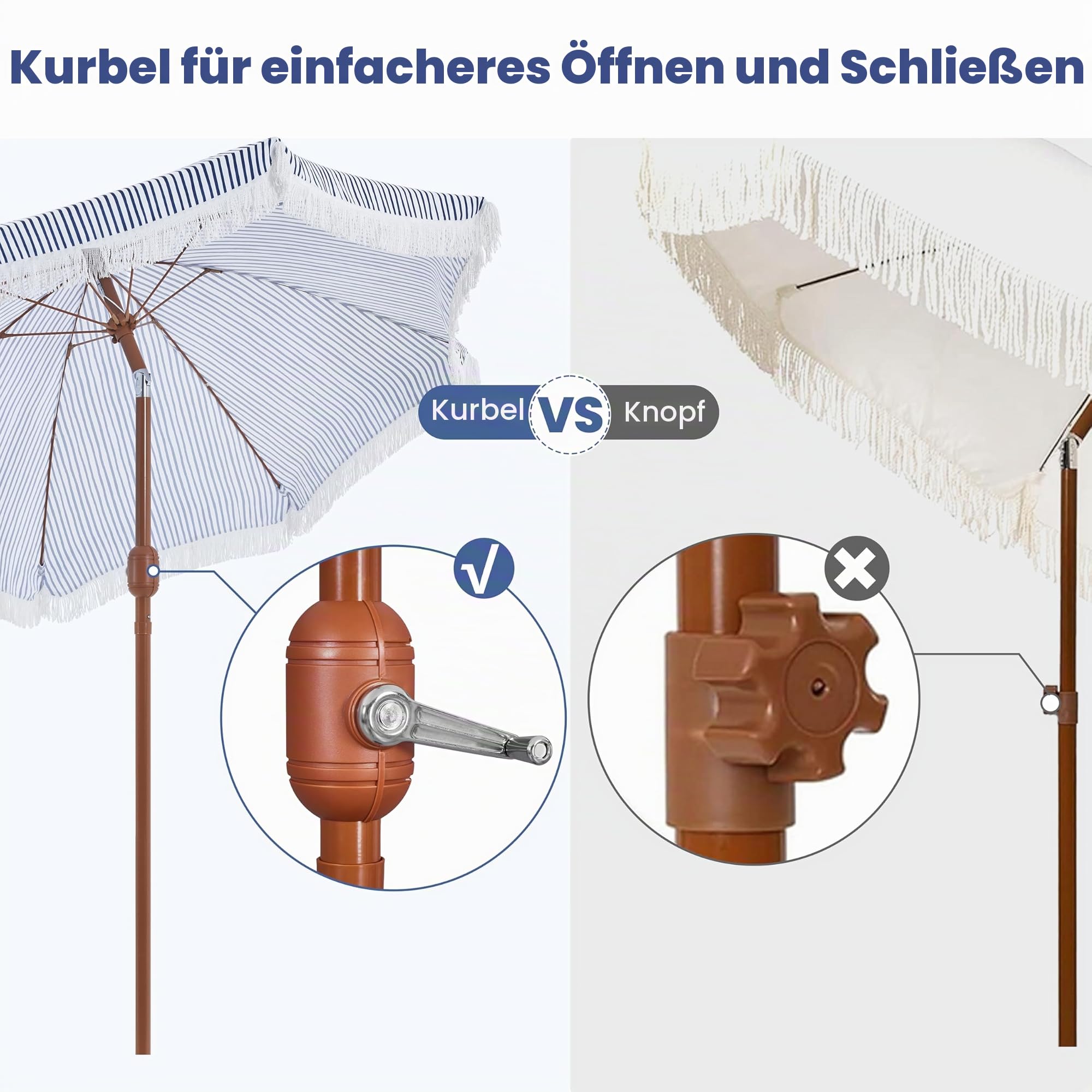Yaheetech Ø 215 cm Quasten Klappbarer Sonnenschirme neigbar mit kurbel | Romantischer Gartenschirm 8-Glasfaserrippen-Schirm mit Fransen Kurbelschirm Sonnenschutz Terrassenschirm UV-Schutz, Blau&Weiß