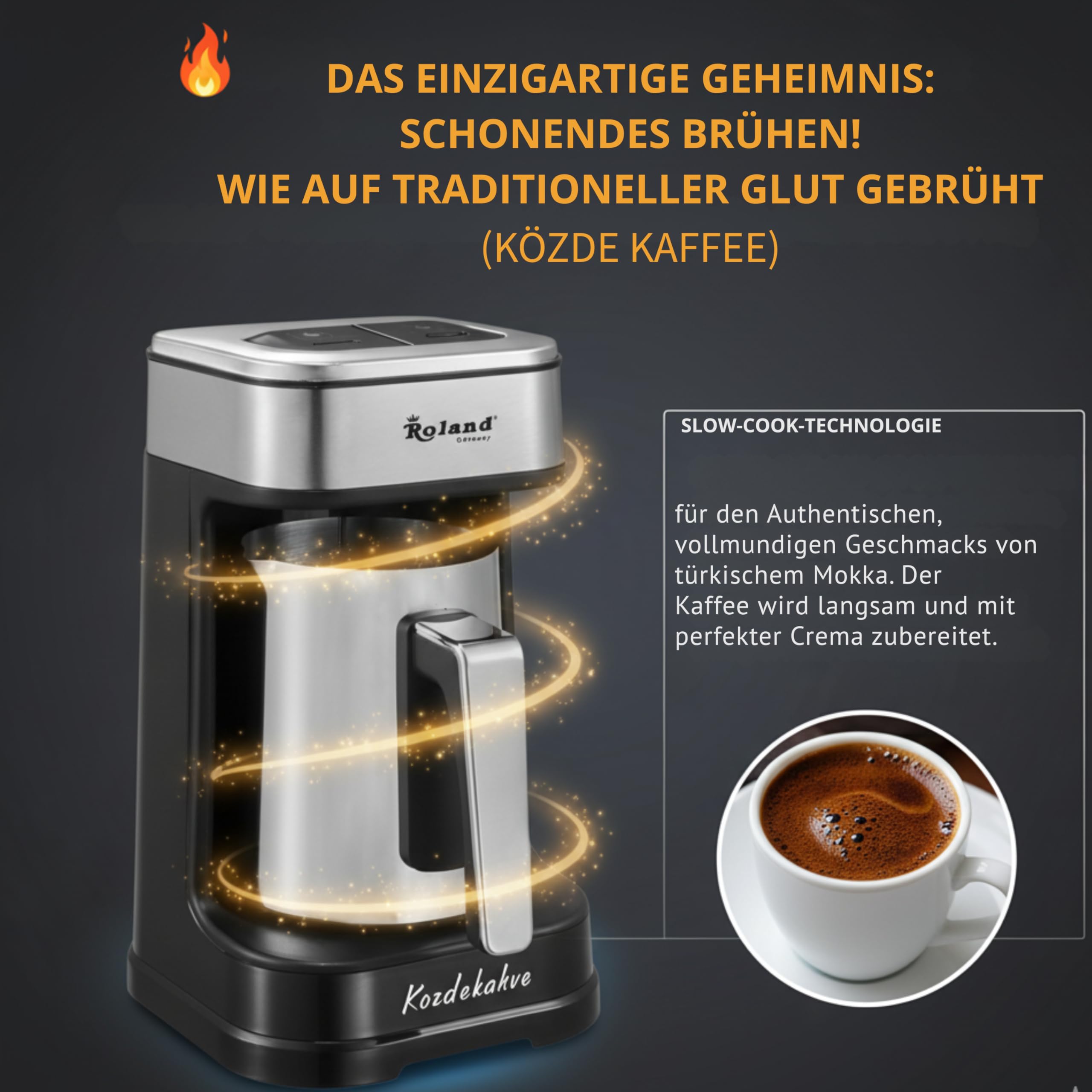 Türkische Kaffeemaschine, 600W, Kaffeekanne, Slow COOK Technologie, 4 Tassen Kapazität, mit Kaffeemesslöffel, Doppelter Ausguss, Ton- und Lichtwarnsystem (1, Silber)