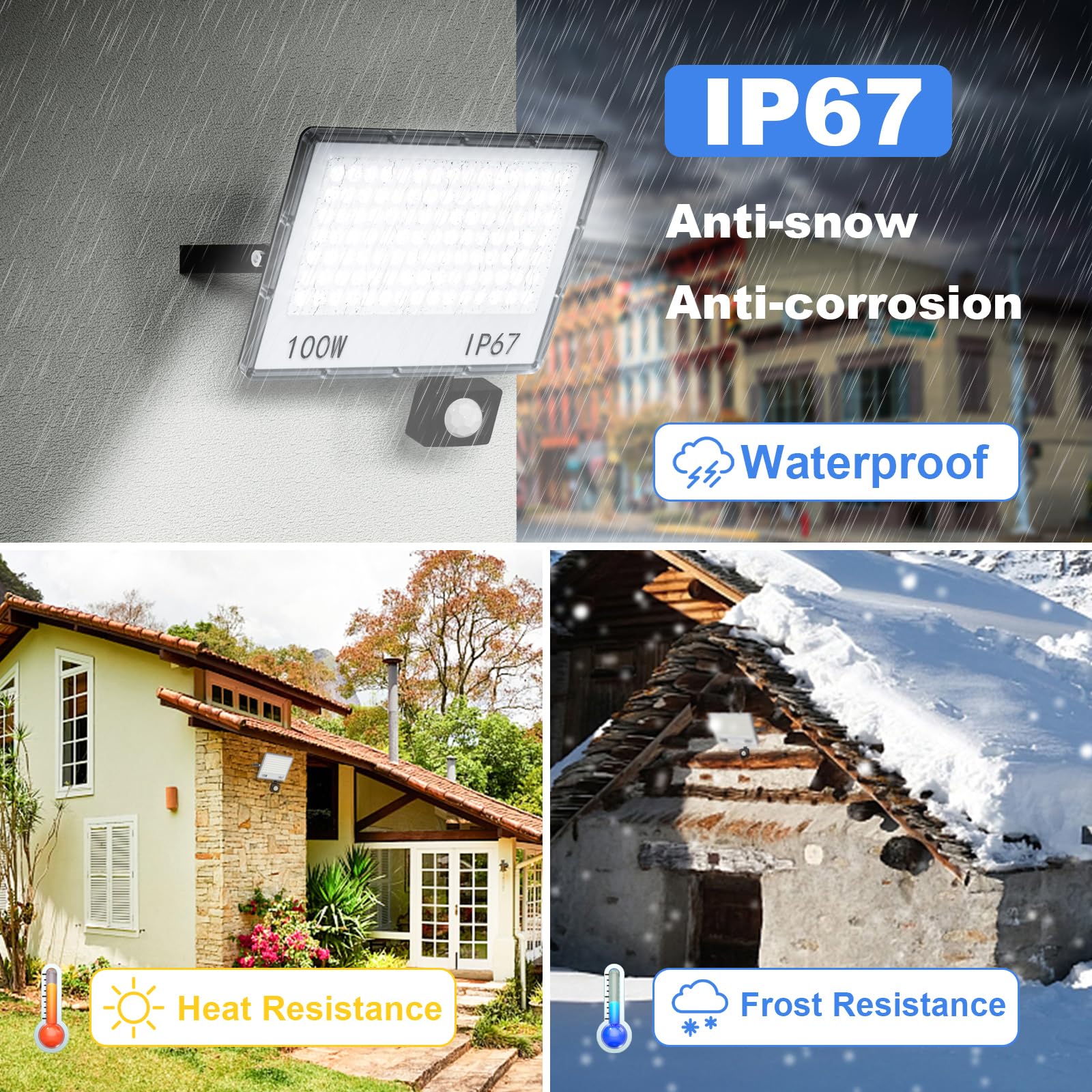 Projecteur LED Exterieur Detecteur de Mouvement 100W - 10000LM Spot LED Extérieur Detecteur de Mouvement Etanche IP67 6500K Blanc Froid 1 Pièce Phare Exterieur avec Detecteur pour Jardin