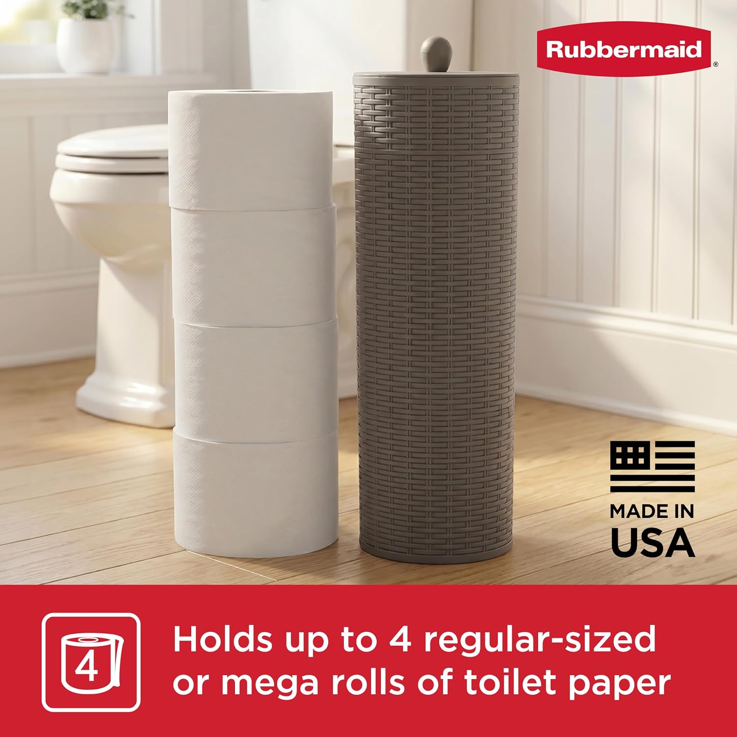 Rubbermaid Toilet Paper Holder Stand with Lid, Holds 4 Regular or Mega-Sized Rolls, Freestanding, Charcoal Gray