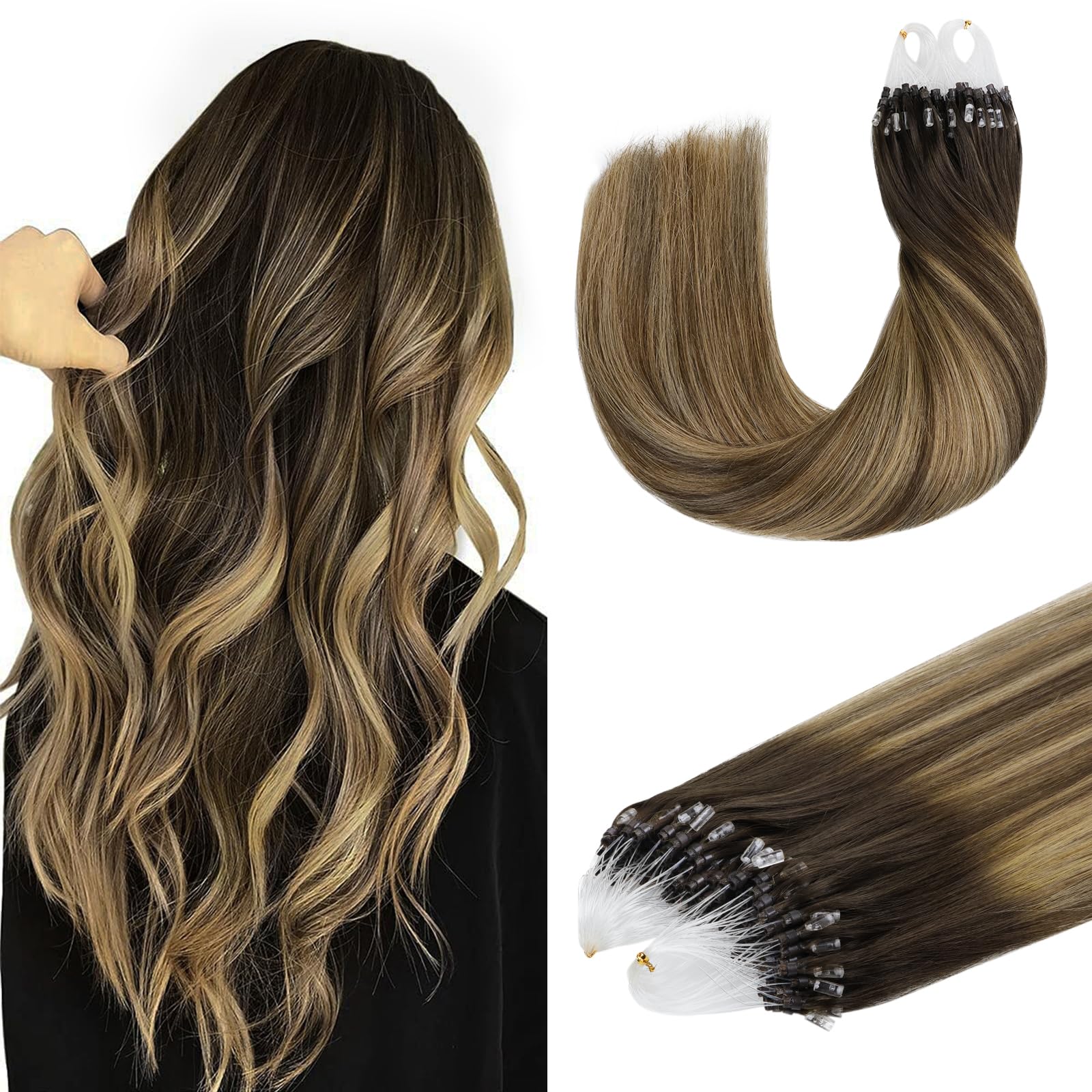 DOORES Micro Hair Extensions Real Human Hair, Chocolate Brown to Caramel Blonde 14 Inch 50g 50s