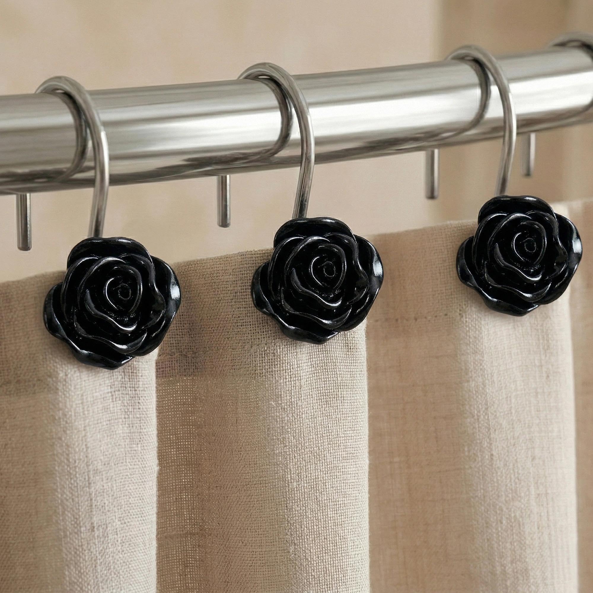Crochets rideau de douche décoration salle de bain rose noire