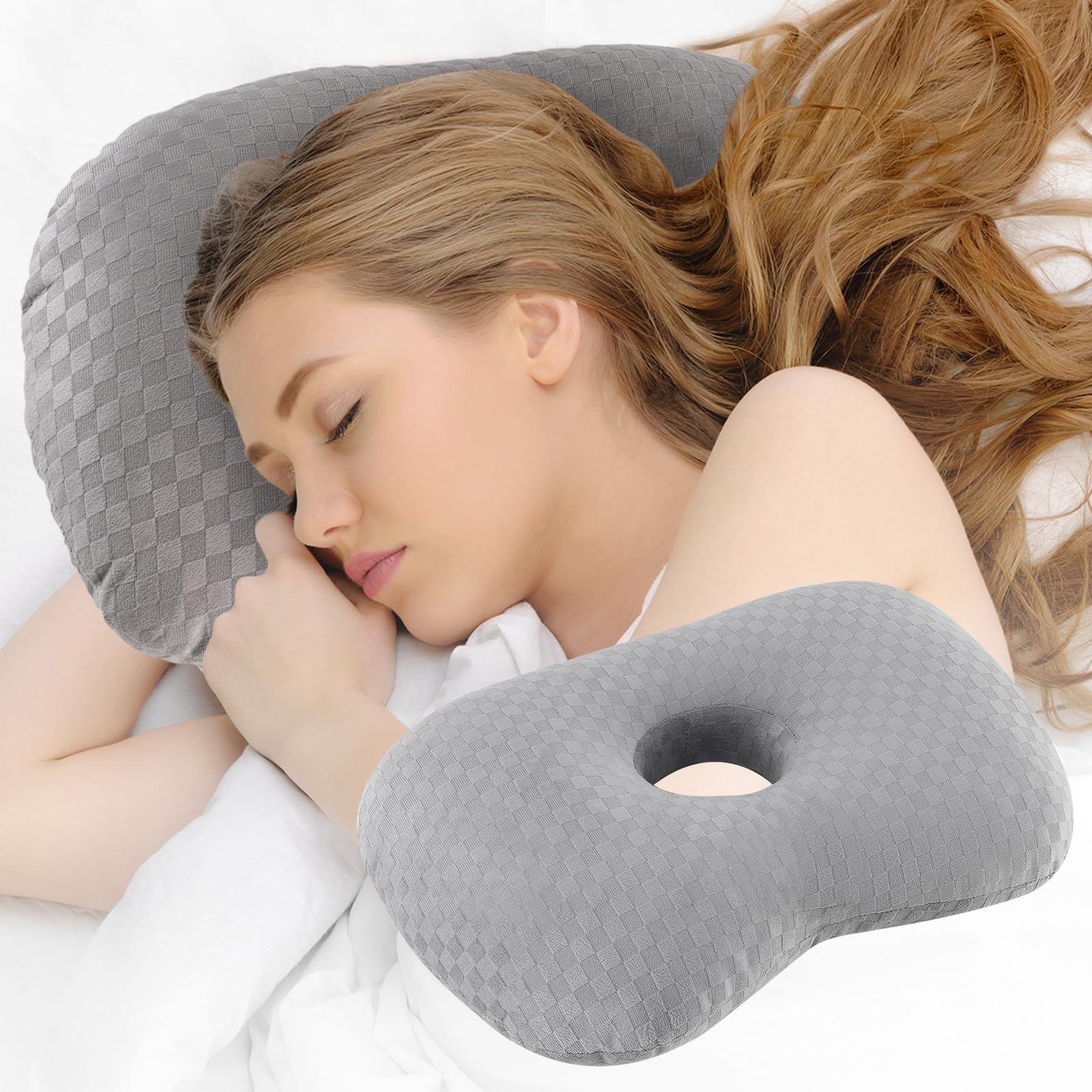 Ear Piercing Pillow with an Ear Hole Cotton and Polyester Side Sleeping Pillow for CNH and Ear Pain