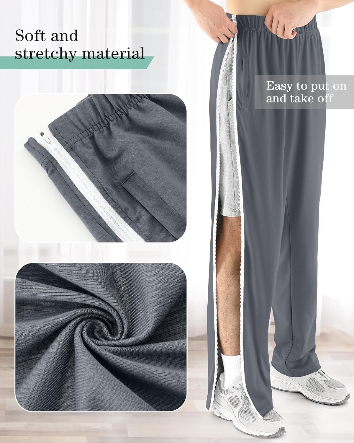 Tear Away Pants for Men Sweat Basketball Pants 2 Side Zippers off Full Open Sweatpant with Pockets - Image 2