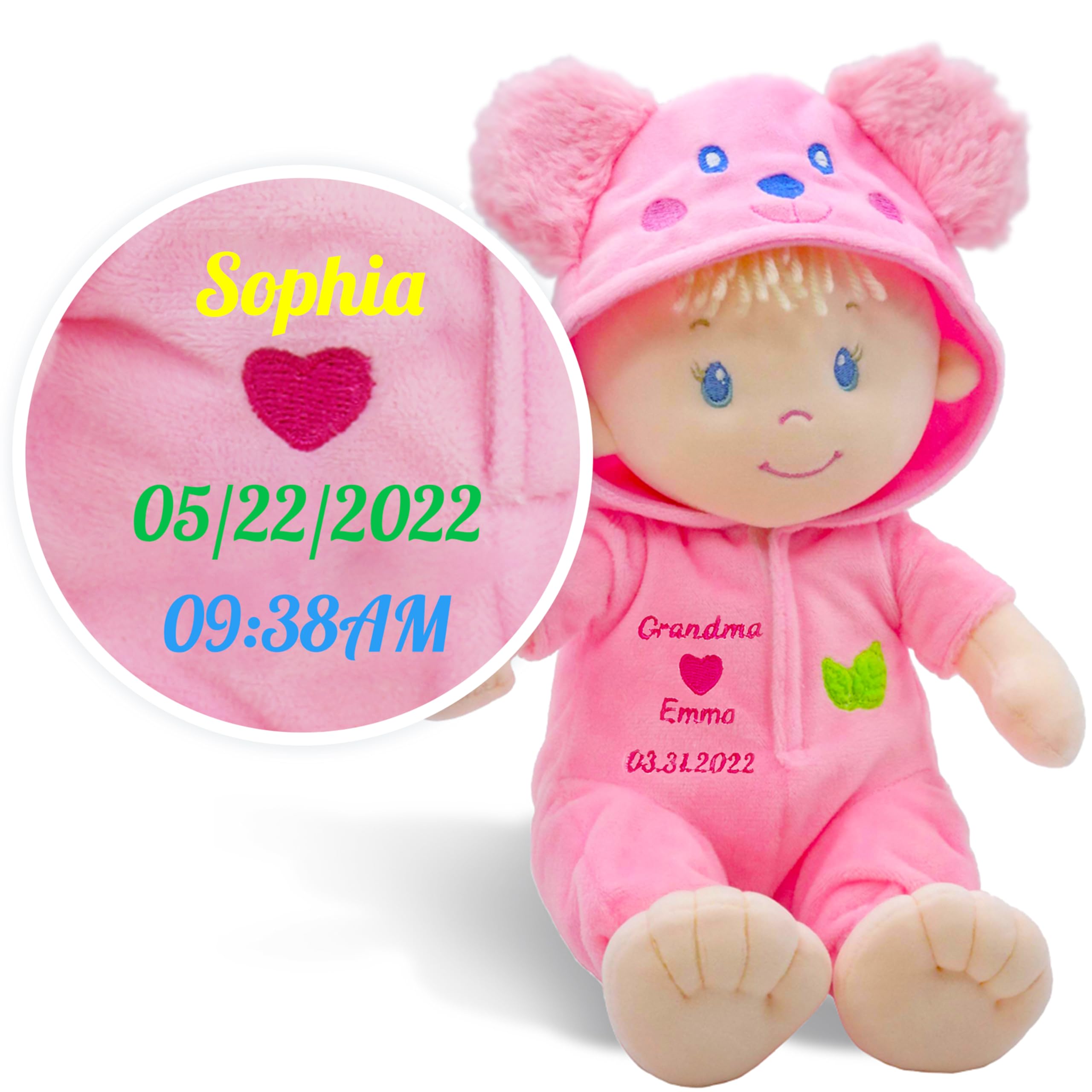 Lullaberry Personalized Sweet Dolly Frida - Stuffed Ultra Soft Baby Bear Doll for Birth and Up with Custom Name, Date or Birth Weight