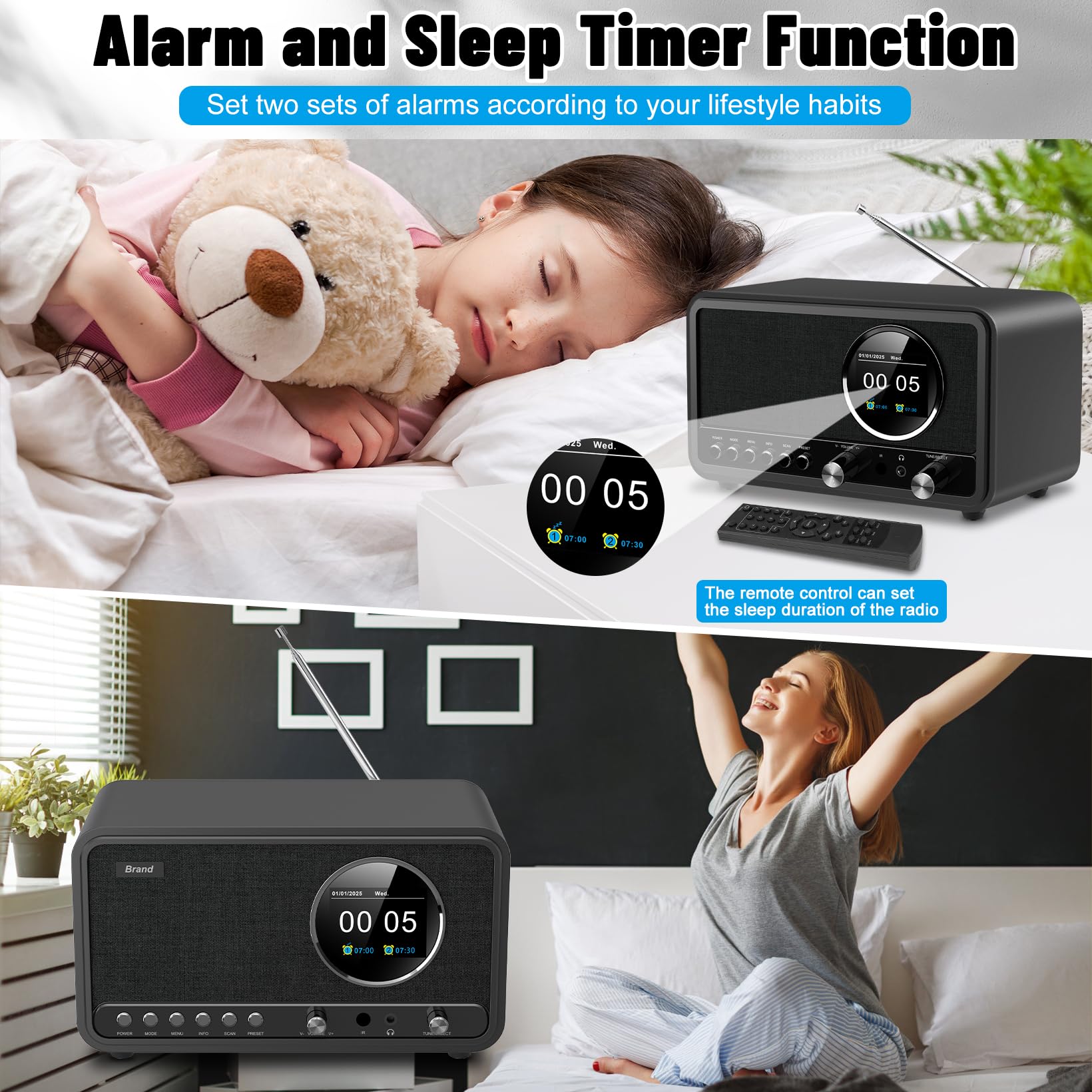 Radio DAB Plus FM Bluetooth Digitale da Cucina con Telecomando e Sveglia Snooze USB Aux Nero