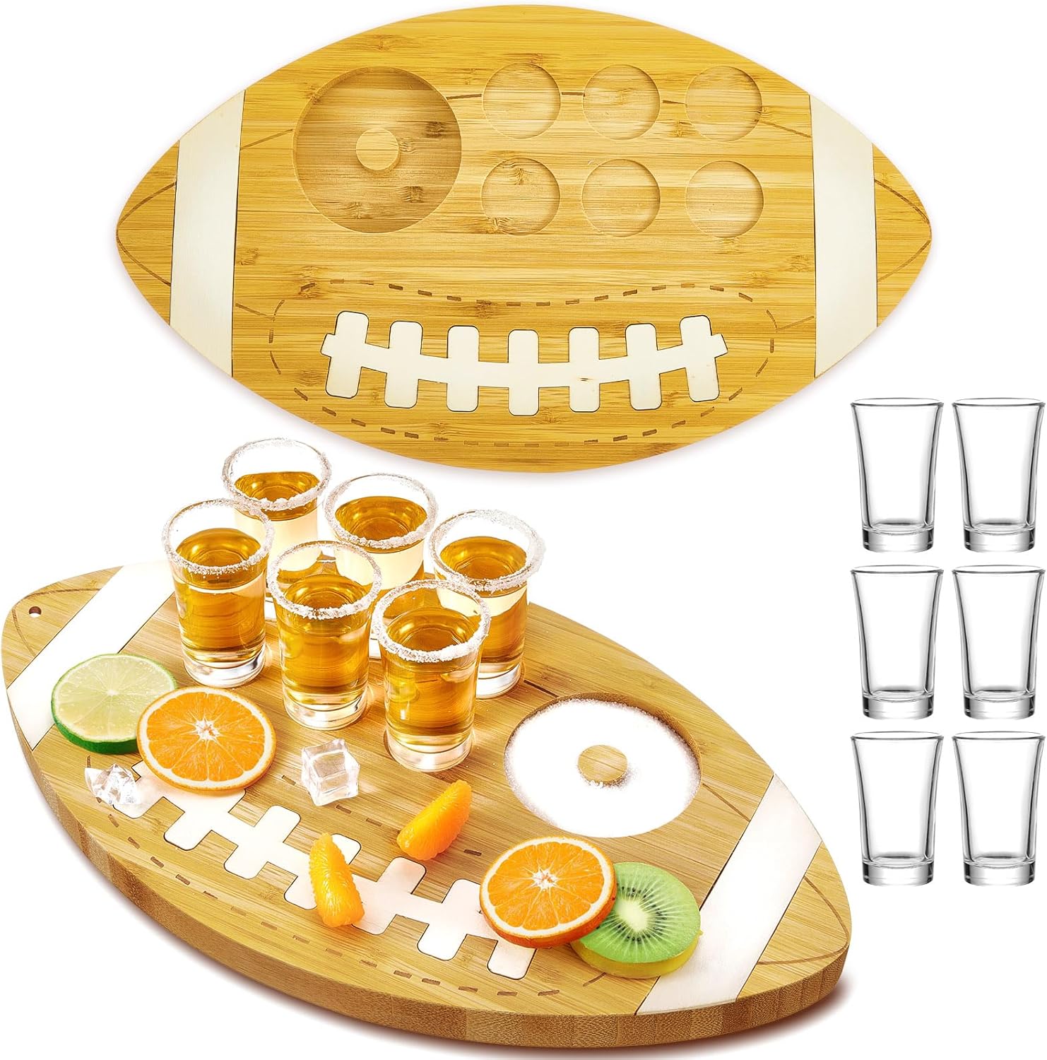 Football Shaped Bamboo Wood Cutting Board Tequila Shot Board Set with 6 Shot Glasses Holder Football Theme Holder Serving Tray with Salt for Liquor Margarita Weddings Housewarmings Gifts