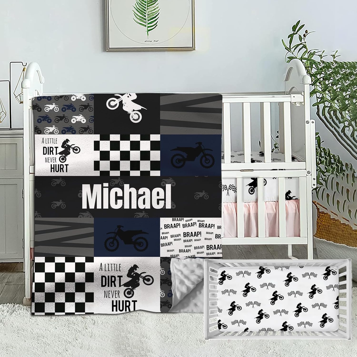 Personalized Crib Bedding Set for Boys, Custom Baby Sets with Name, Dirt Bike Motocross Sets, 2 Piece Neutral Motorcycle Plaid Comforter, Fitted Sheet Black Dirt Bike