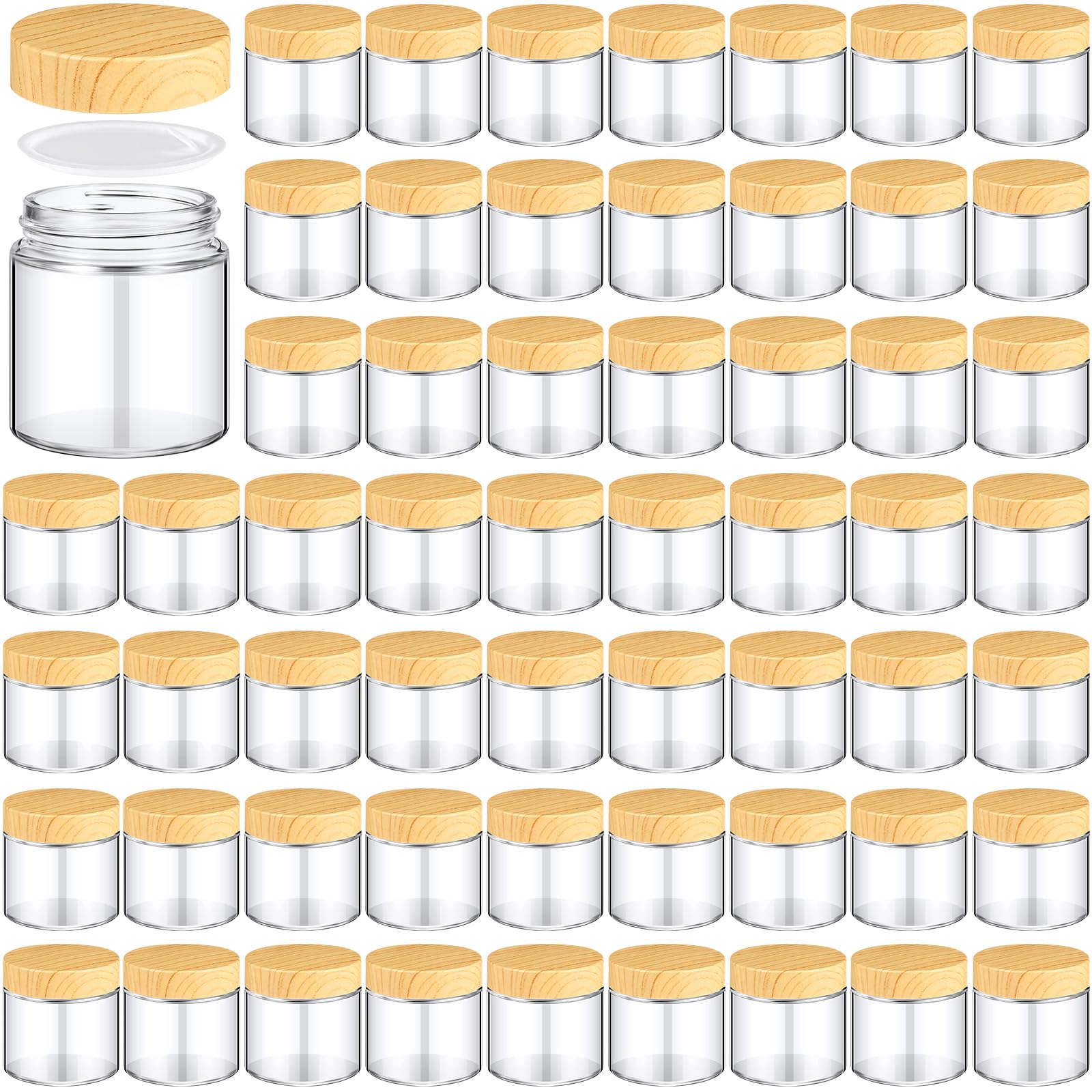 Norme 64 Pcs 4 oz Glass Jars with Lids Empty Small Glass Containers and Inner Liners Reusable Cosmetic Jars Round Airtight Bottles with Plastic Wood