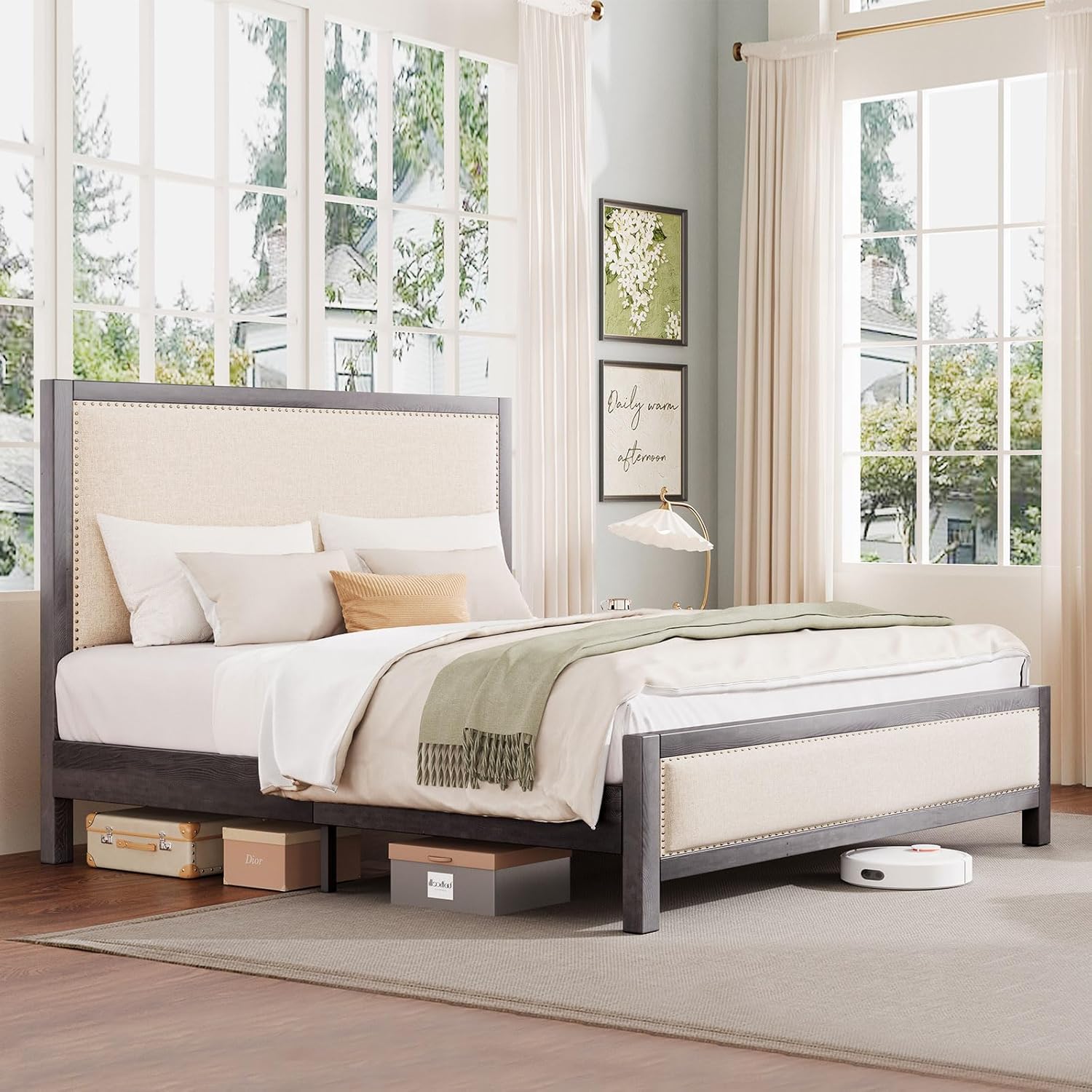YUMPIE Queen Solid Wood Bed Frame, Upholstered Platform Bed with Tall Headboard & Footboard, Brass Nail Trim with Linen Fabric, Metal Strong Supports, Noise-Free, No Box Spring Needed, Rustic Blue