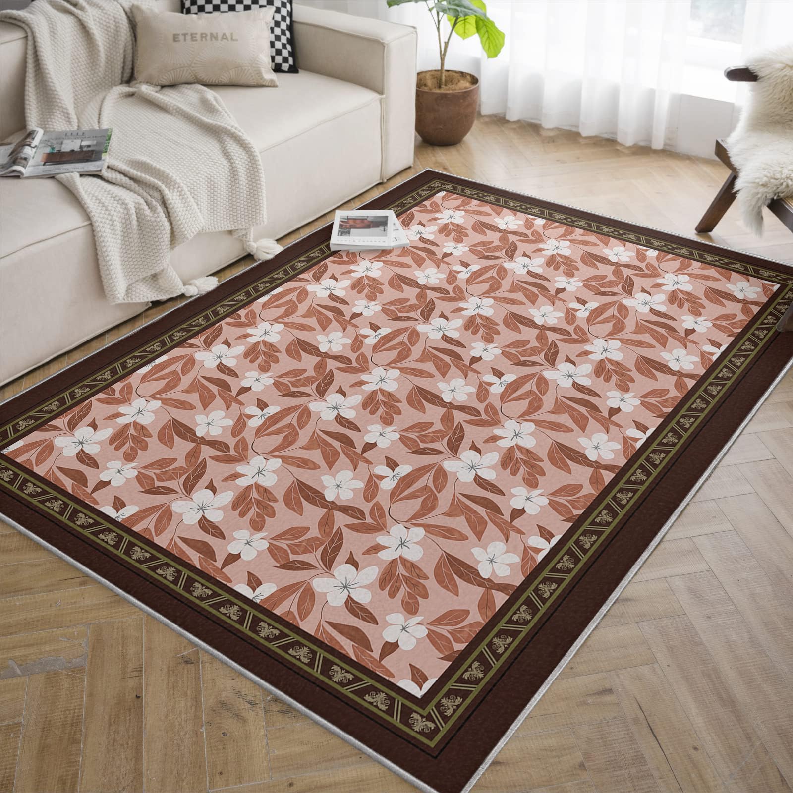Cienkie dywaniki w stylu sielskim 100 x 200 cm, brązowe obramowanie, biały, kwiatowy i terakota, dywan do kuchni, przedpokoju, róż, dekoracja podłogi