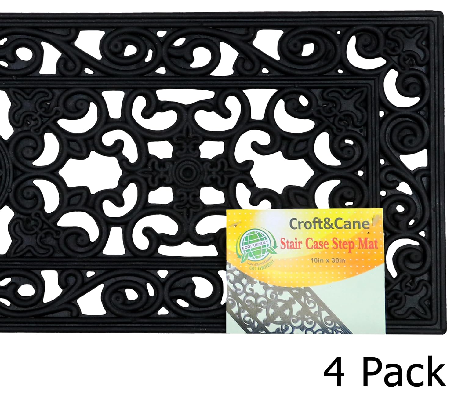 Croft&Cane Stair Treads — 4 Pack 10x30 inches Heavy Duty Rubber Non-Slip Stair Mats - Drainage Design Staircase Mats - Commercial Grade Skid Resistant Step Covers for Indoor Outdoor Use - Black