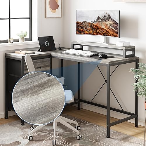 Miniatura 9 de Escritorio en forma de L con tomas de corriente y luces LED, escritorio de computadora con cajones y estantes, escritorio de esquina para juegos y