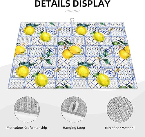 Miniatura 4 de Tapete de secado de platos de azulejos amarillo limón y azul para encimera de cocina, verano, primavera, lindo tapete absorbente de microfibra para