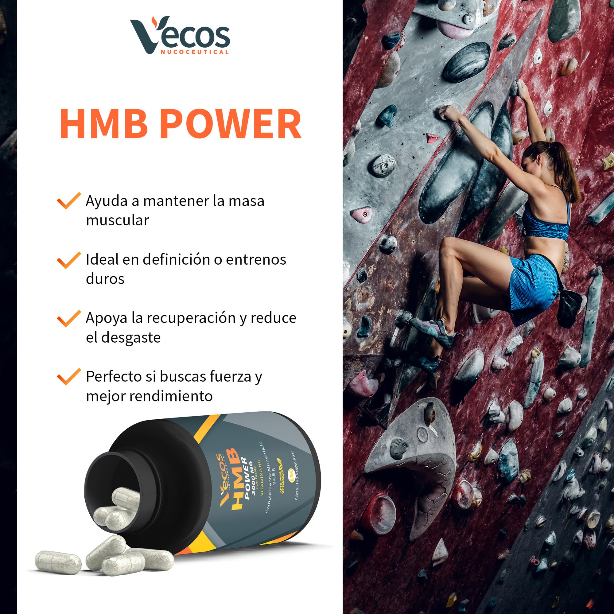 HMB puro con Vitamina B6 para Ganar Masa Muscular, Potenciar tus Músculos y Anticatabolico | Mejora el Rendimiento Deportivo | 150 cápsulas | APTO VEGANOS